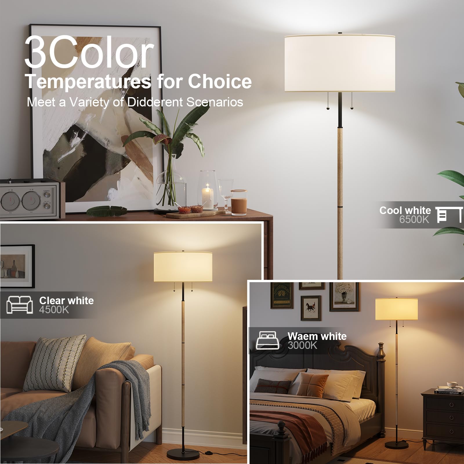 Karjoefar 2-Light Floor Lamp, Mid Century Floor Lamp With White Fabric Shade, Standing Lamp Tall Lamp For Living Room Bedroom, 3