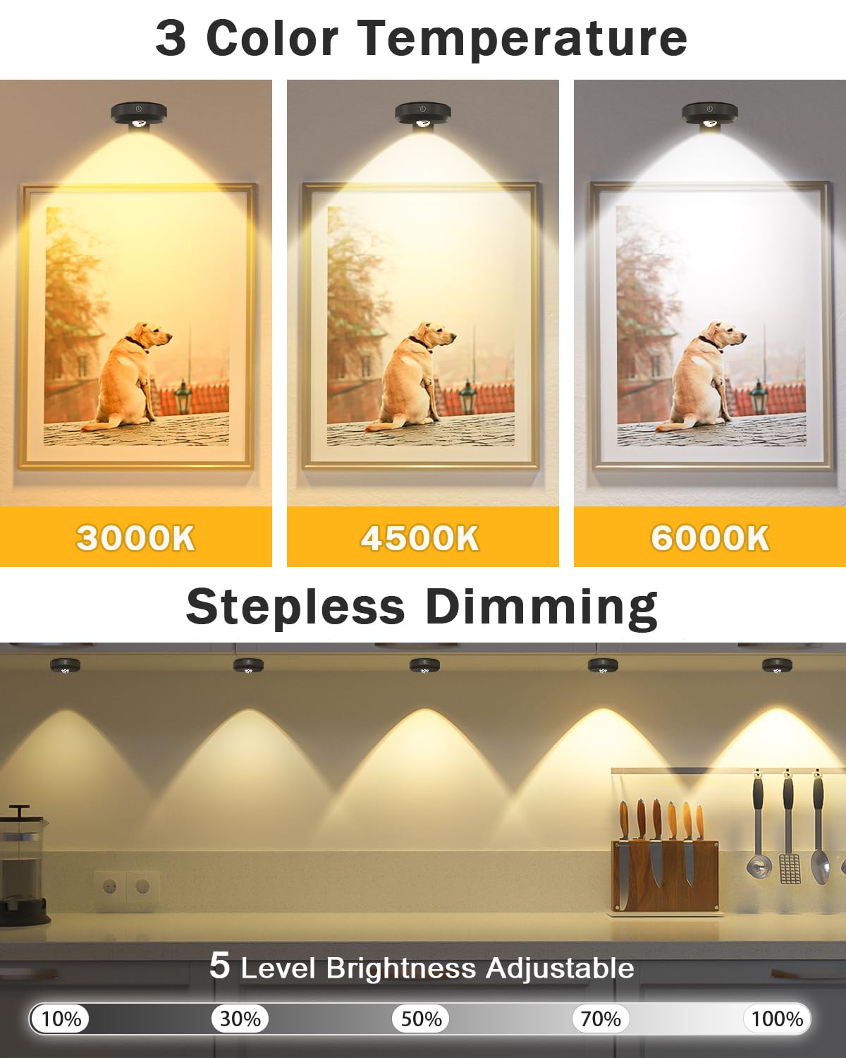 WILLED Picture Lights, 1200mAh Rechargeable, Dimmable & Timer, Narrow Beam, 3000K-6000K, Model WUS008, 3 Pack,