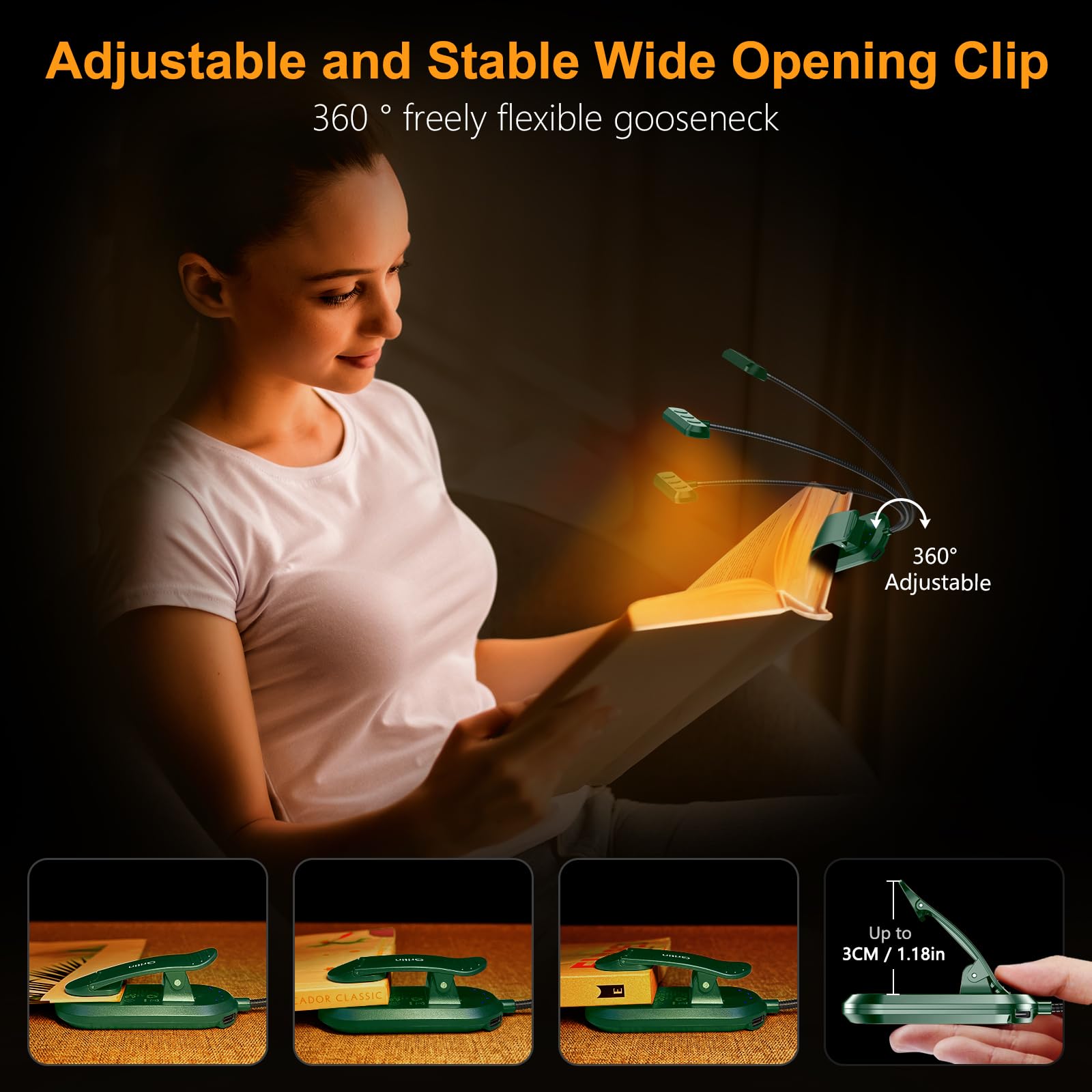 Gritin Rechargeable Book Light - 19 LED, 3 Color Temperatures, 5 Brightness Levels, Flexible Goose Neck, Dark Green, Model G1321