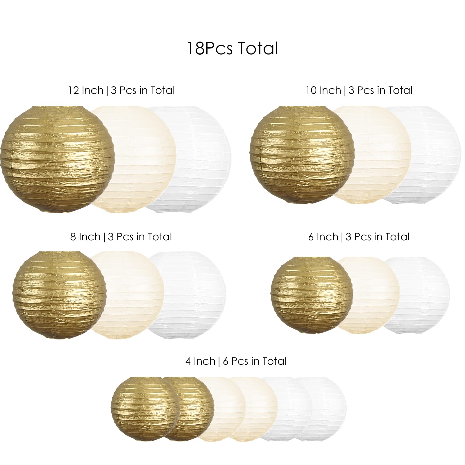 Uniqooo 18Pcs Metallic Gold Paper Lantern Wedding Decoration Set, Assorted Hanging Gold Japanese Paper Lantern, Reusable Easy Assemble, For New Year Christmas Birthday Baby Shower Party Favor Supplies