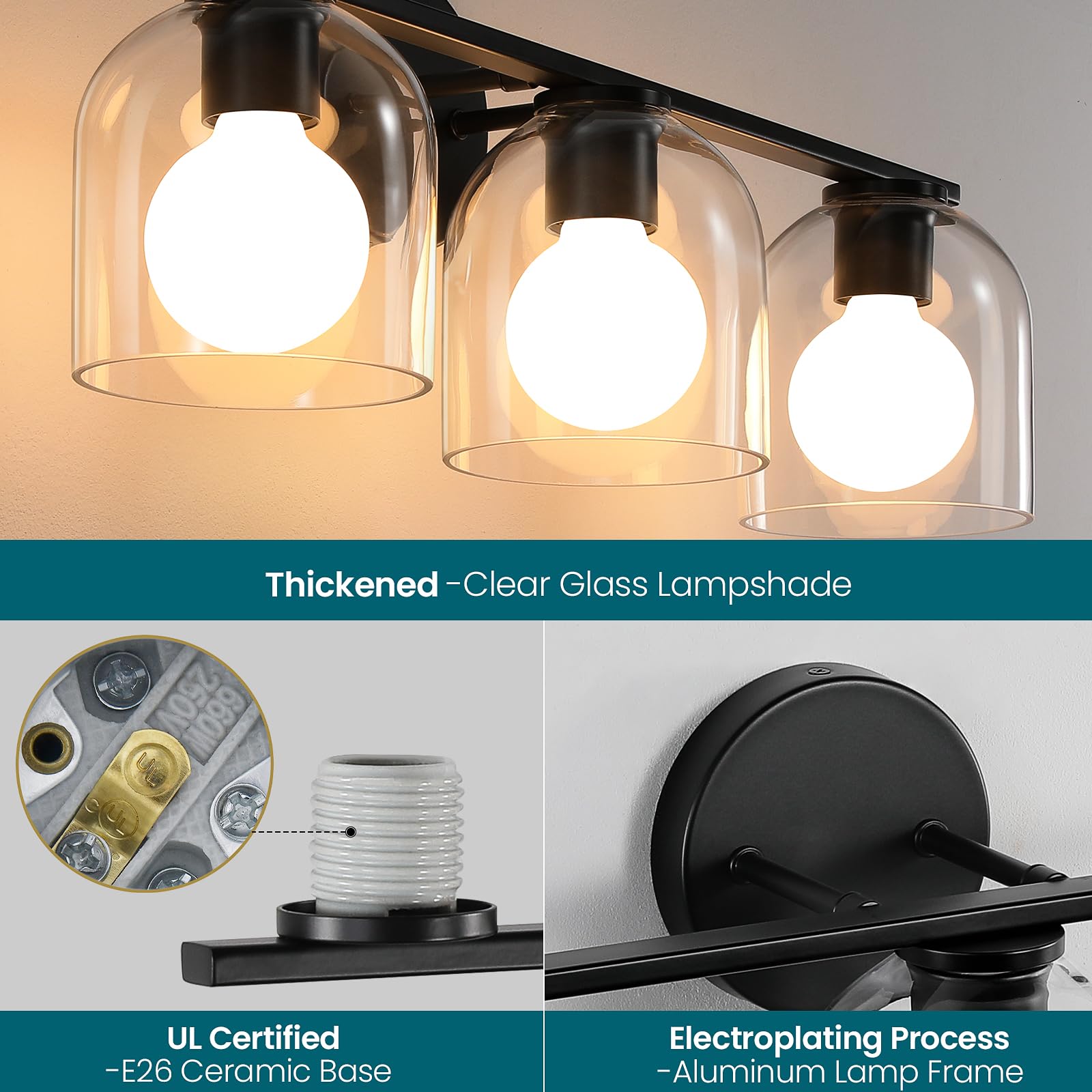 Woshitu Bathroom Vanity Light Fixtures: 32.3 Inch Modern Matte Black Bathroom Lighting Fixtures Over Mirror With Clear Glass Sha