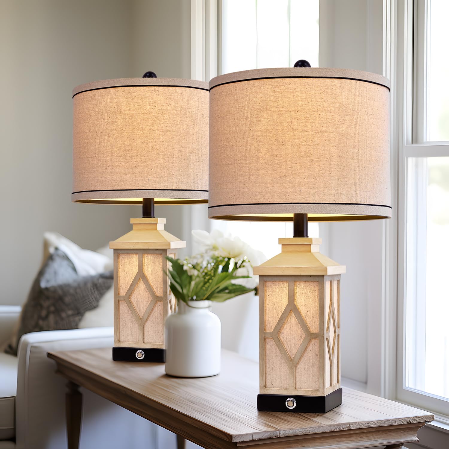 G-Safava 23.5'' Touch Table Lamps For Living Room Set Of 2 Farmhouse Bedside Lamps With Usb A+C Charging Ports 3-Way Dimmable Wh