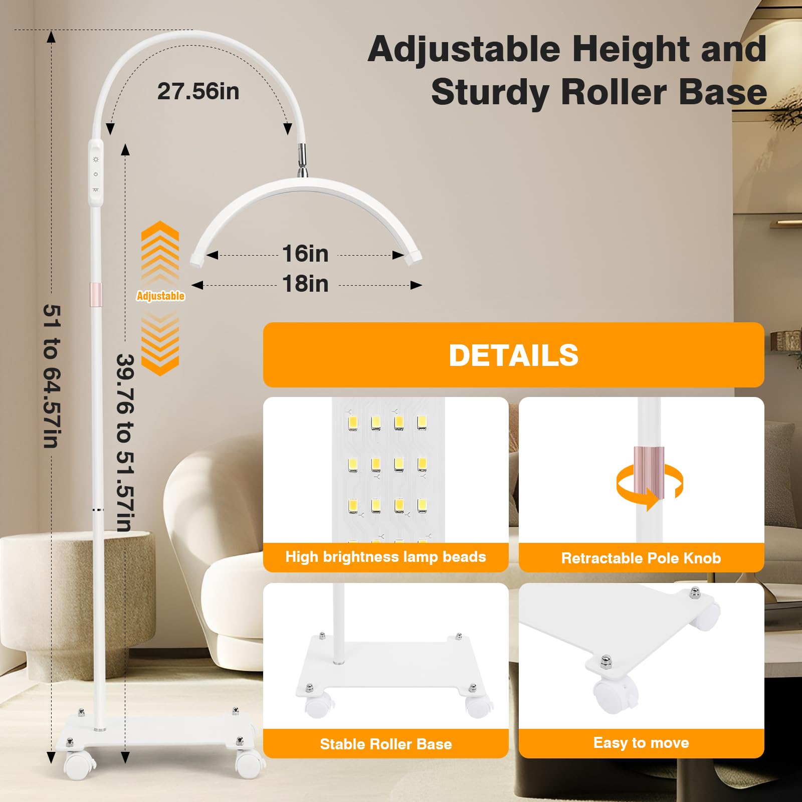 Mznoo LED Floor Lamp for Eyelash Tech, Adjustable Brightness & Color Modes, Half Moon Light, White with Wheels, Model MZ-FL18