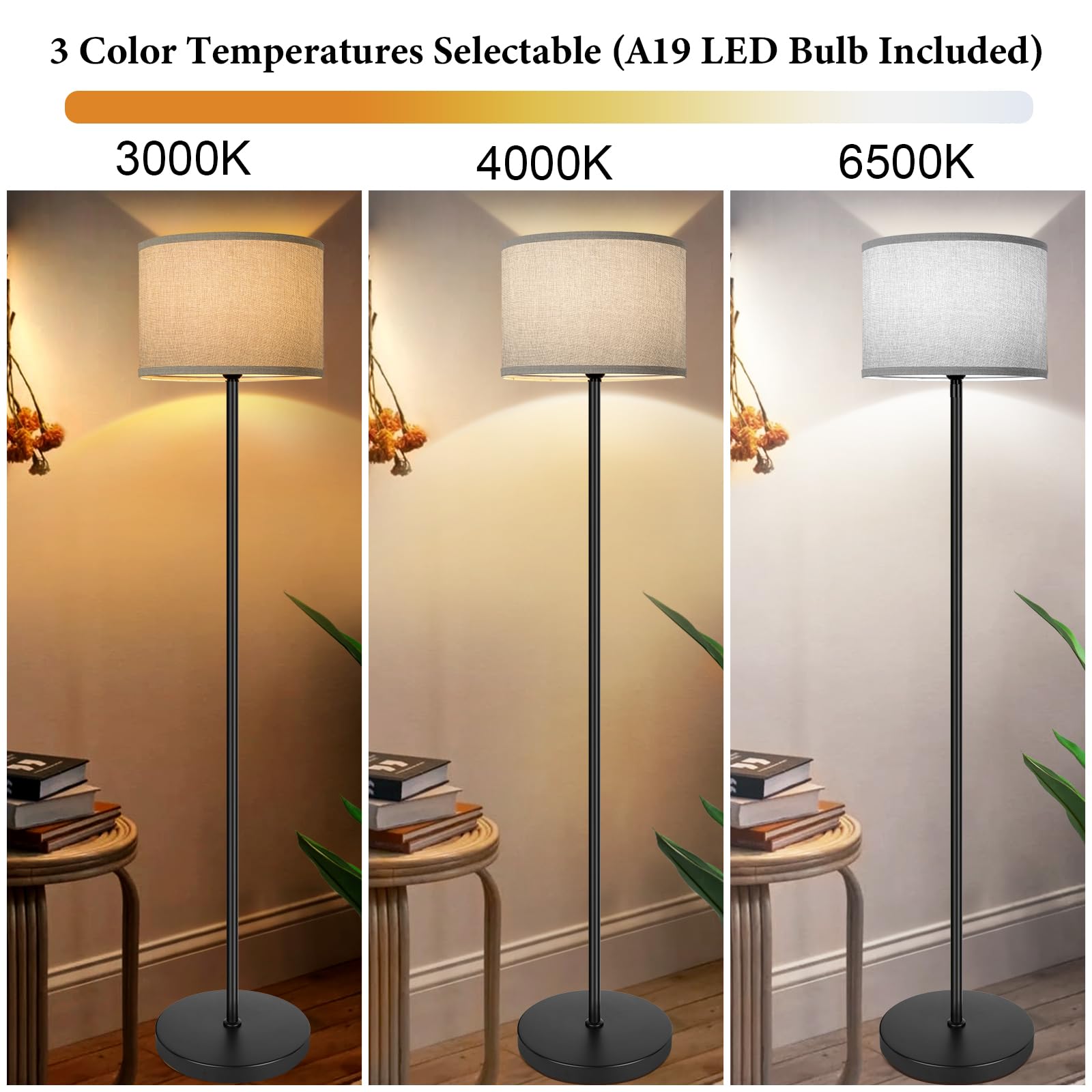65? Tall Floor Lamp For Bedroom, Living Room Pole Floor Light With Grey Shade, Dimmable Standing Floor Lamp With 3-Color Changin