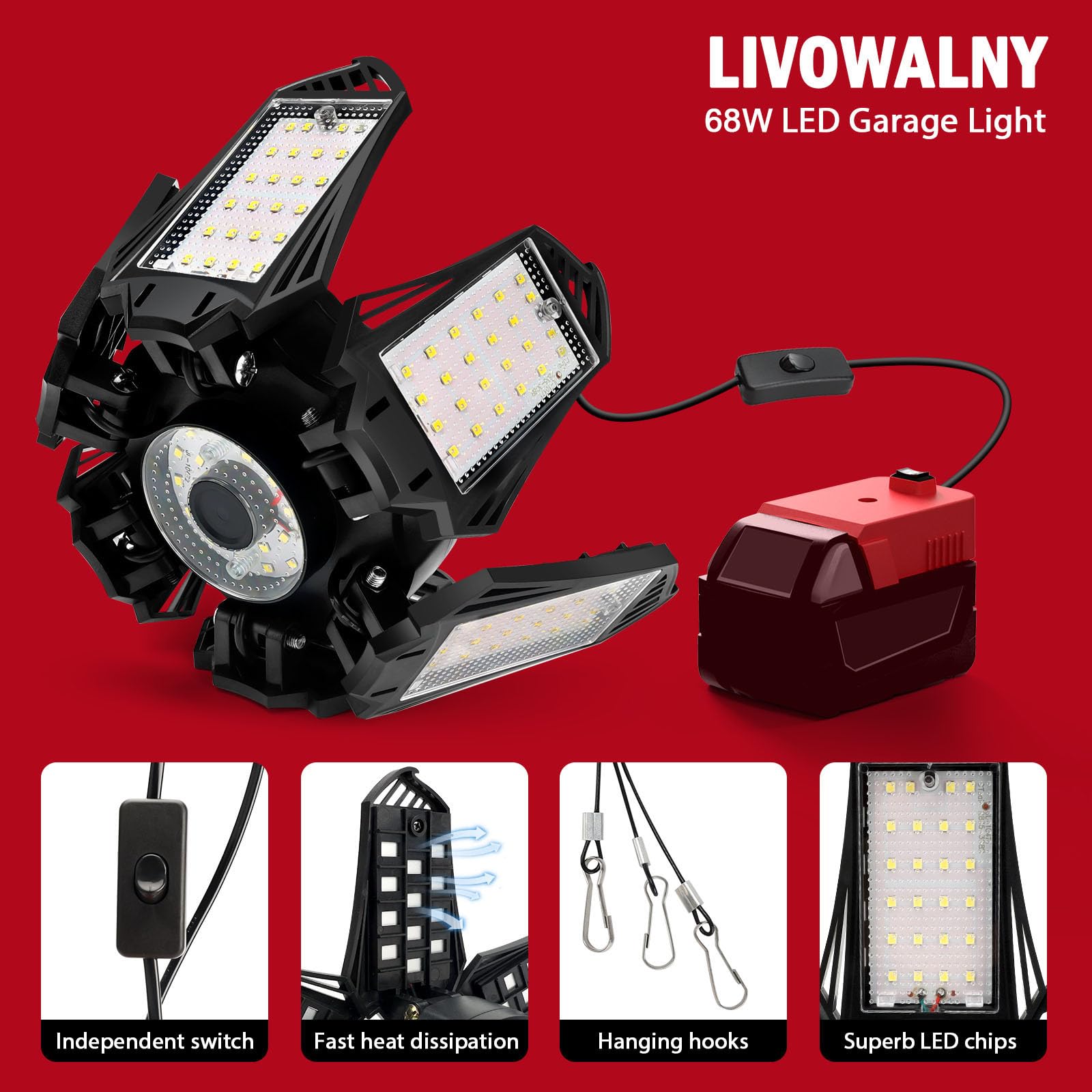 Livowalny Led Work Light For Milwaukee 18V Battery, 68W 6800Lm 18V Led Garage Light, Flood Light, Ceiling Light, Battery Light 6