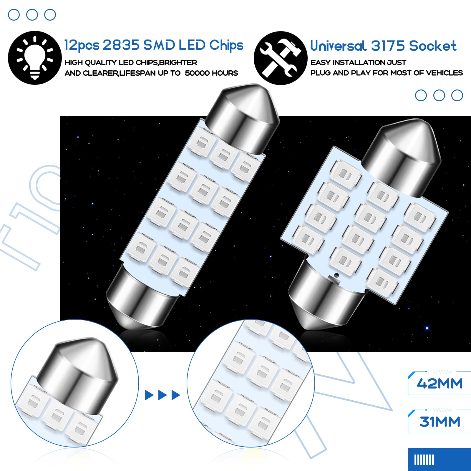 Tallew 24 Pieces Dome Light Bulb Kit Set T10 31 Mm 42 Mm Led Festoon, Led Interior Replacement Bulbs For Car Map Door Courtesy(Blue)