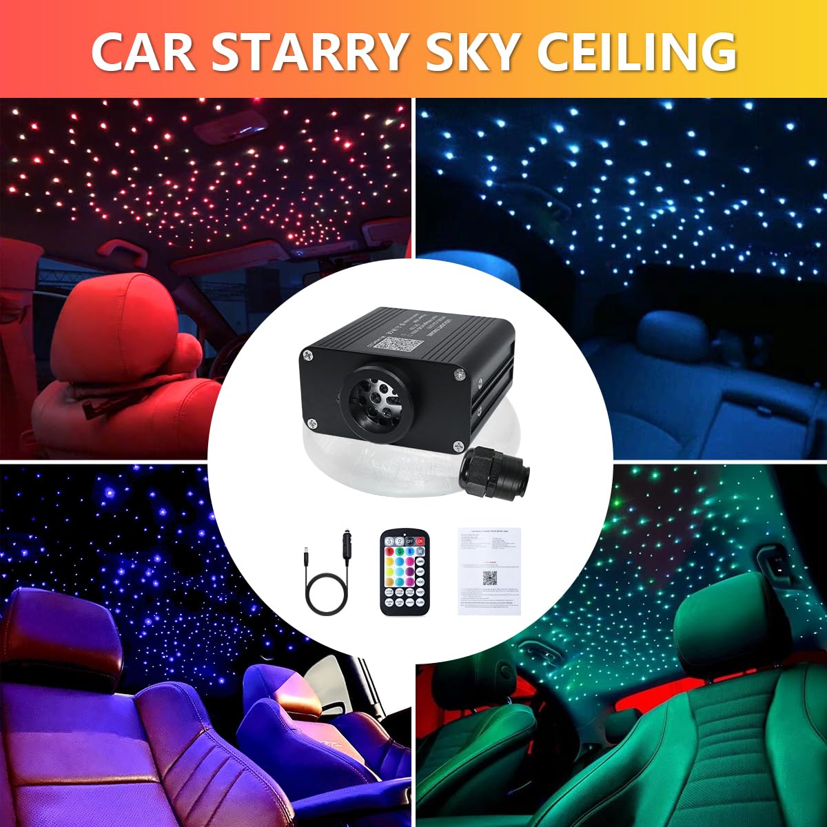 Car Starlight Headliner Kit, Twinkle & Sound Activate Rgbw 16W Fiber Optic Lights With Bluetooth App & Remote Control, 600 Pcs*0