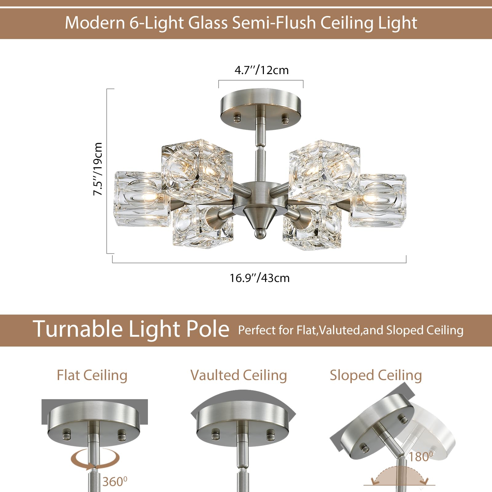 Peskoe Sputnik Light Fixture Modern Chandelier Ceiling Light, 16.9'' Brushed Nickel Semi Flush Mount Ceiling Light Fixture For B