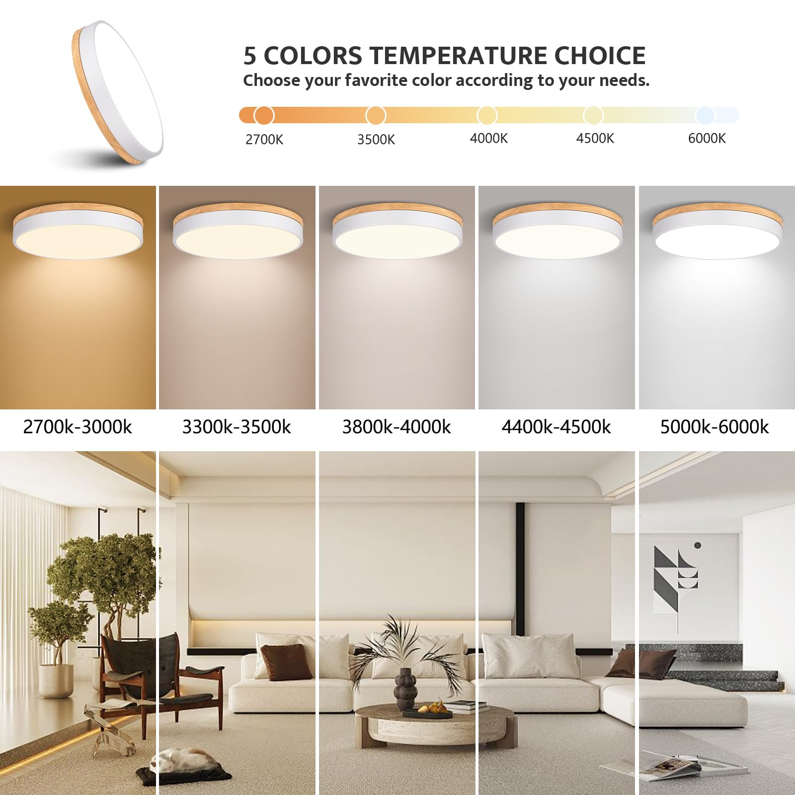 Goomavi Dimmable Wood Led Close To Ceiling Light, Modern 2700K-6000K 5Cct Round White Flush Mount Ceiling Light Fixtures, Minimalist Ceiling Lamp For Living Room, Dining Room, Bedroom, Kitchen-15.8In