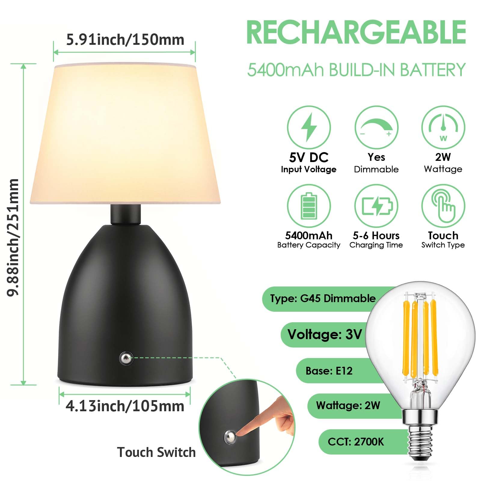 Ggoying Cordless Table Lamp Set Of 2, Small Rechargeable Desk Lamp, 4-Level Brightness Bedside Nightstand Lamps For Bedroom, Kid