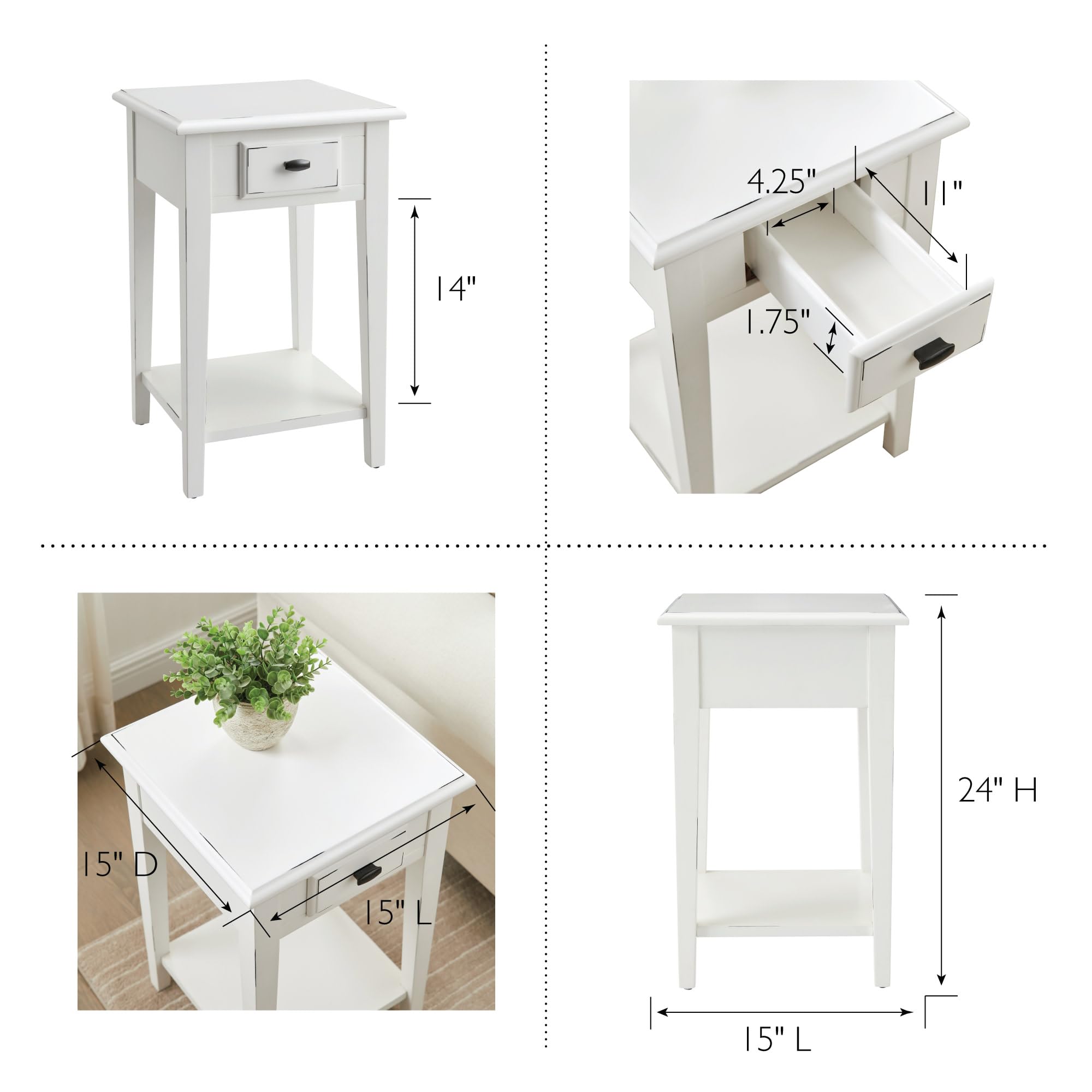 Leick Home Haven Ridge Square End Table, One Drawer Side Table, Farmhouse White, 214379