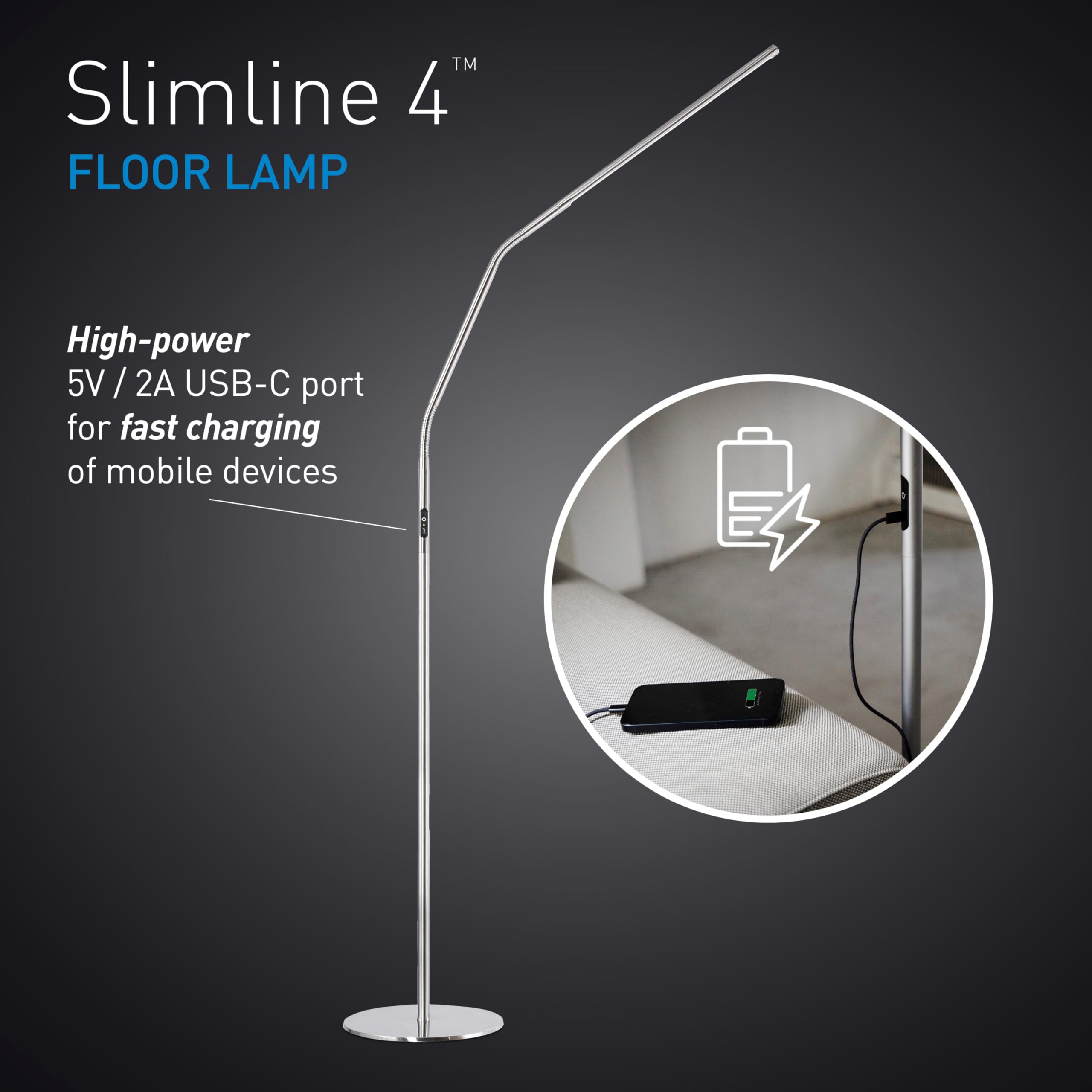 Daylight Slimline 4 Led Table Lamp In Brushed Steel - 6,000K, 3,200 Lux, 4 Brightness Levels, Usb-C Charging Port, Anti-Glare Di