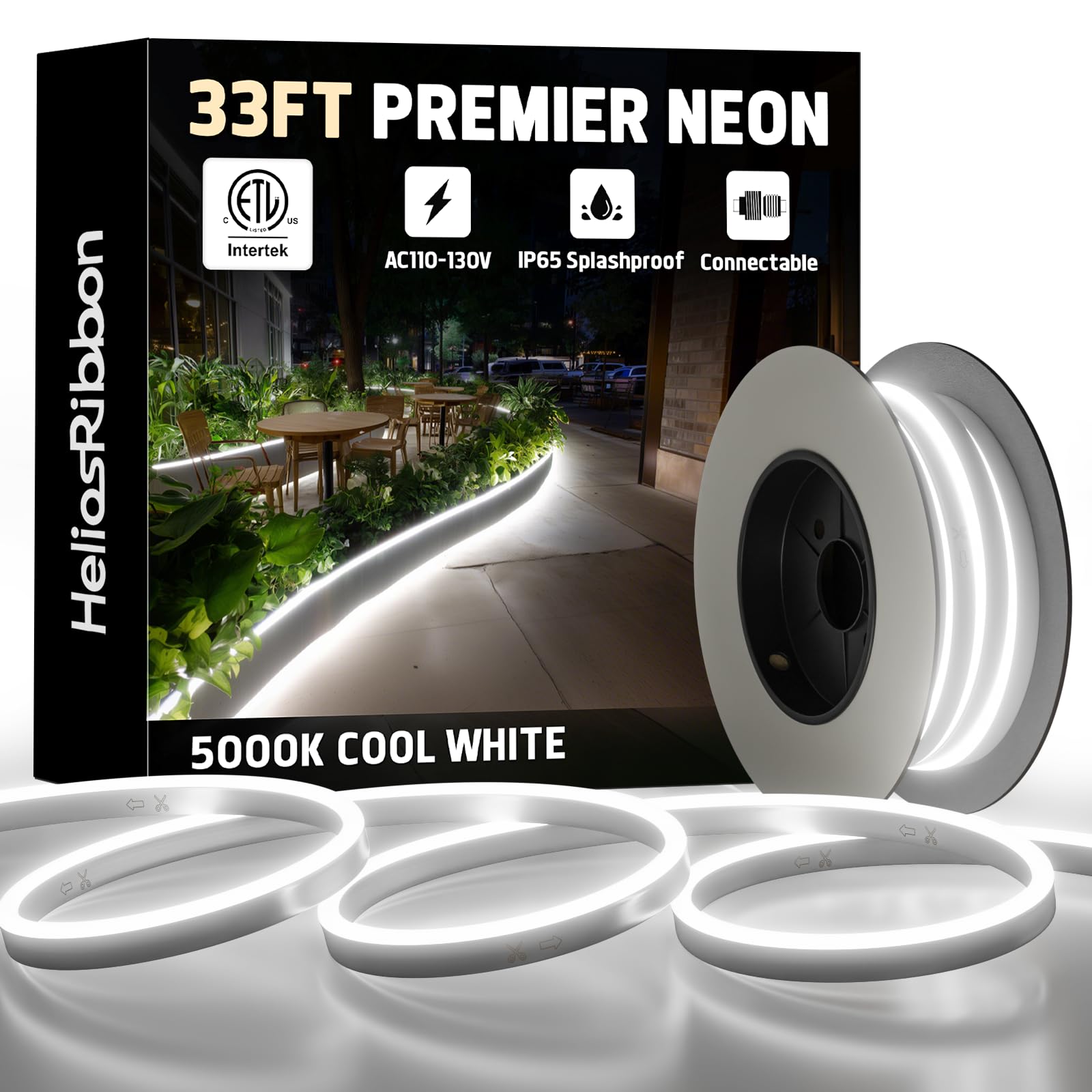 33FT LED Neon Rope Lights 5000K Cool White  ETL Listed 110-120V Outdoor Flexible Neon Band IP65 Waterproof  Connectable and Cuttable  for Home Commercial Contour Landscape Ambient Lighting Decor
