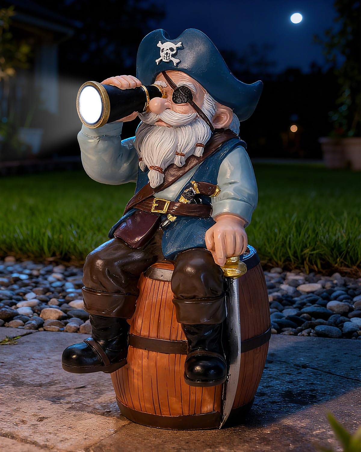 GaloTrek Solar Garden Gnome Statues Funny Resin Pirate Gnome Decorations Sitting on Beverage Barrel Outdoor Figurines for Yard Patio Mom Gift