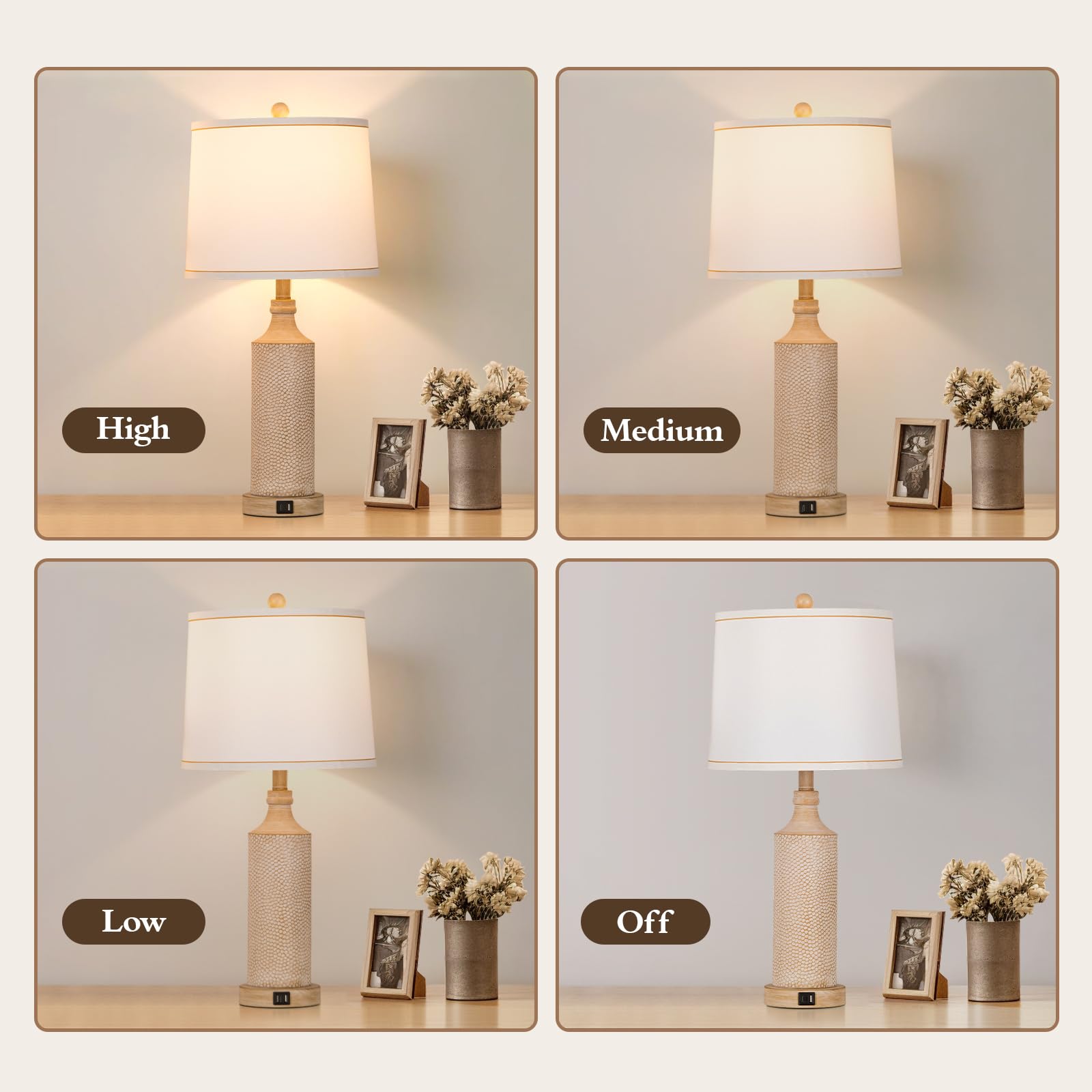 AIDENOEY 3-Way Dimmable Touch Control Table Lamp Set of 2, 27.5" Vintage Washed White Resin, USB A+C Ports, Medium Size for Home