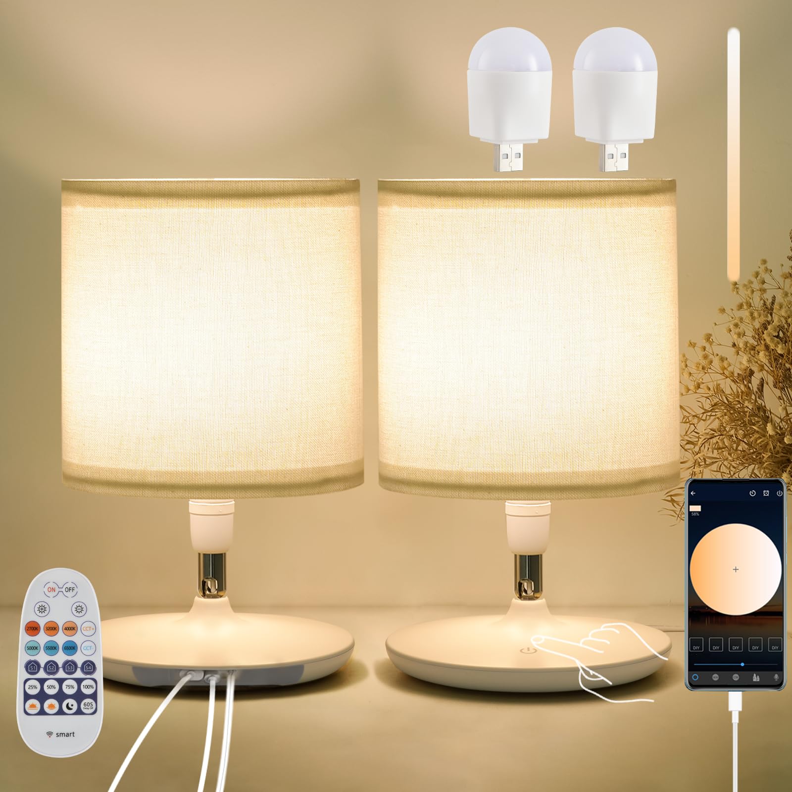 PIRTSDEL Table Lamps Set of 2 with USB C+A Ports, Table Lamp for Living Room Bedroom, Bedside Lamps for Nightstand with 2 Dimmab