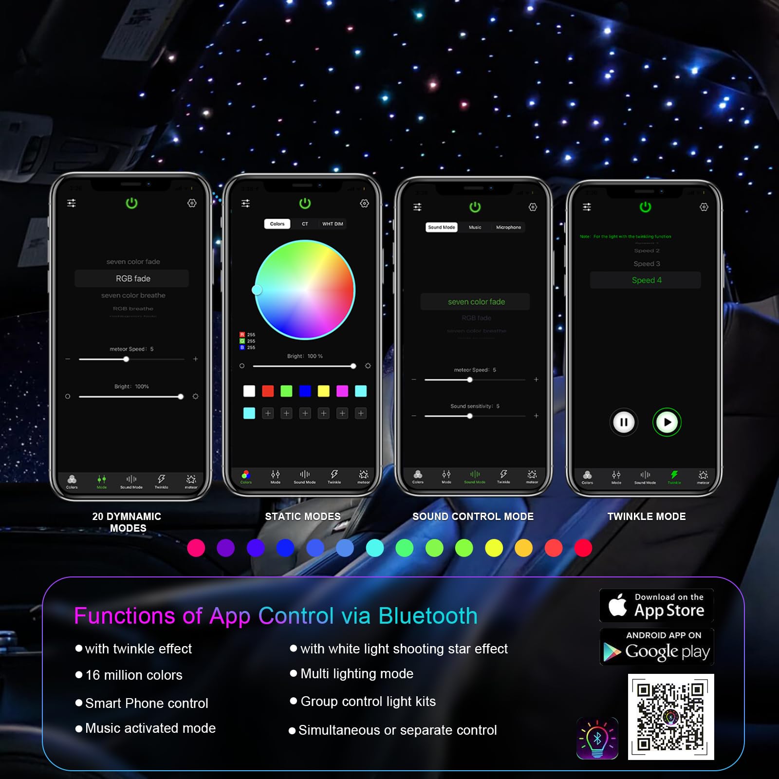 WEBUPAR Car Twinkle Fiber Optic Starlight Kit, 200pcs 0.03in 6.5ft, Sound-Activated, Color-Changing, Model QJ-L006