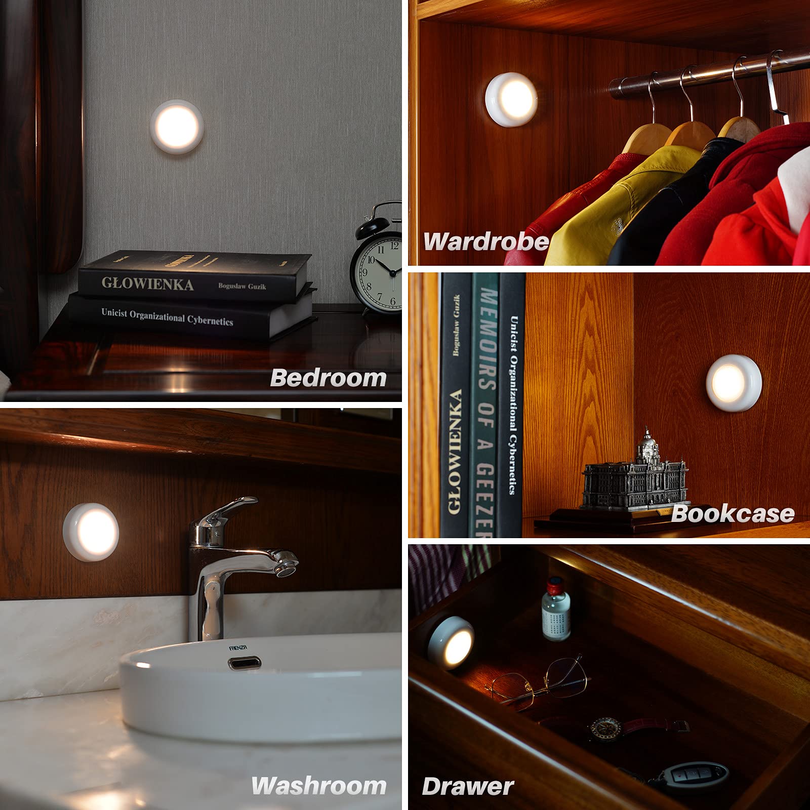 STAR-SPANGLED Push Tap Light, Mini LED Puck Lamp, 5 Pack, Warm White, Battery Operated, Model US-8016-YE5