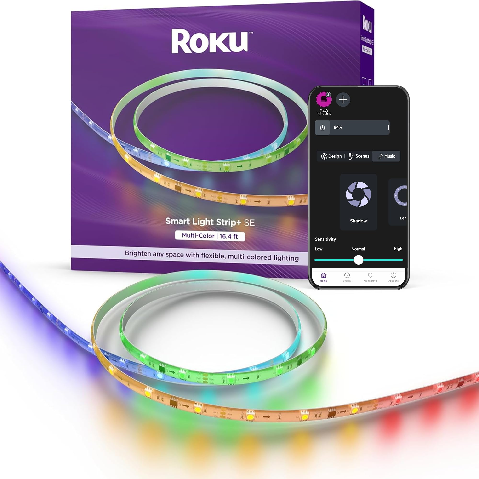 Roku Smart Led Light Strip+, 16.4Ft - Color Options With Adjustable Brightness & Temperature - Peel & Stick Wifi Smart Strip Lights Works Voice, Alexa & Google Assistant - Smart Home Product