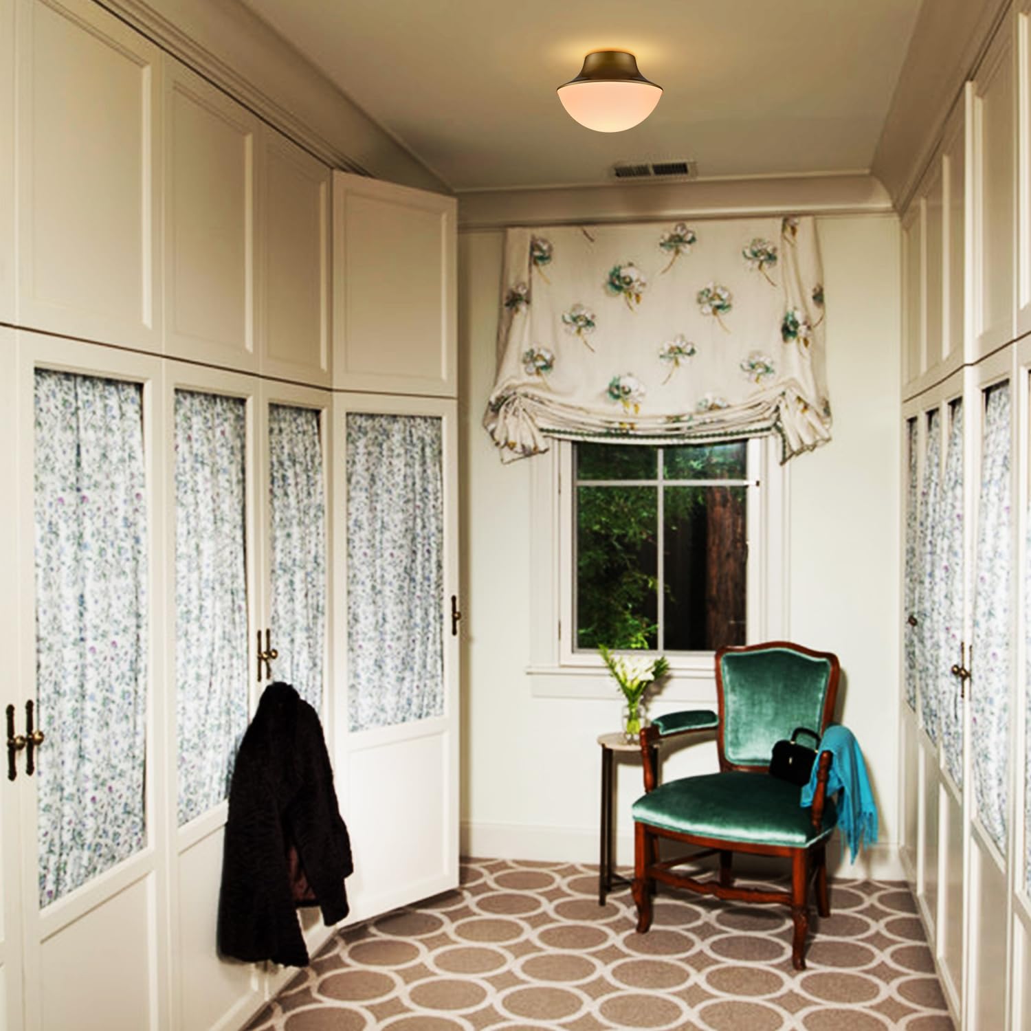 Tengiants Modern Gold Semi Flush Mount Ceiling Light Fixture Brass Metal Round Bowl Shape Milk Glass Light Fixture Ceiling Mount