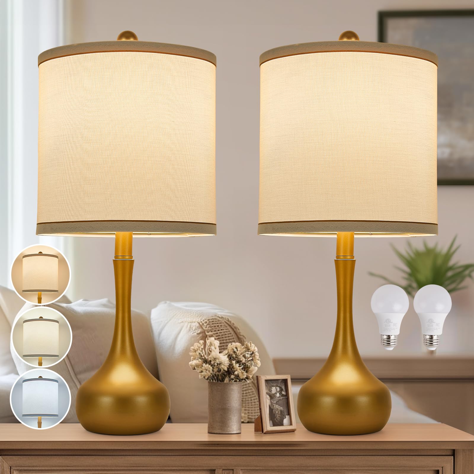 HELIJIA 23'' Farmhouse Table Lamp Set of 2, Golden Metal Modern Bedside Lamps for Living Room, 3 Color Temperature Rustic Table 