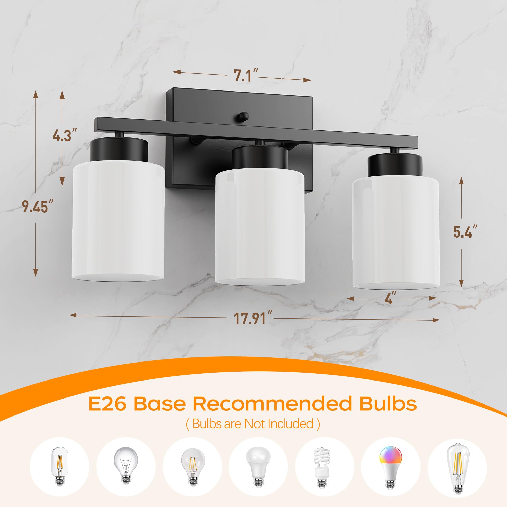 Partphoner 3-Light Matte Black Bathroom Light Fixtures  Modern Vanity Light Over Mirror Lighting  Wall Sconce With Frosted Milky White Glass Shades For Bedroom Living Room Kitchen Hallway