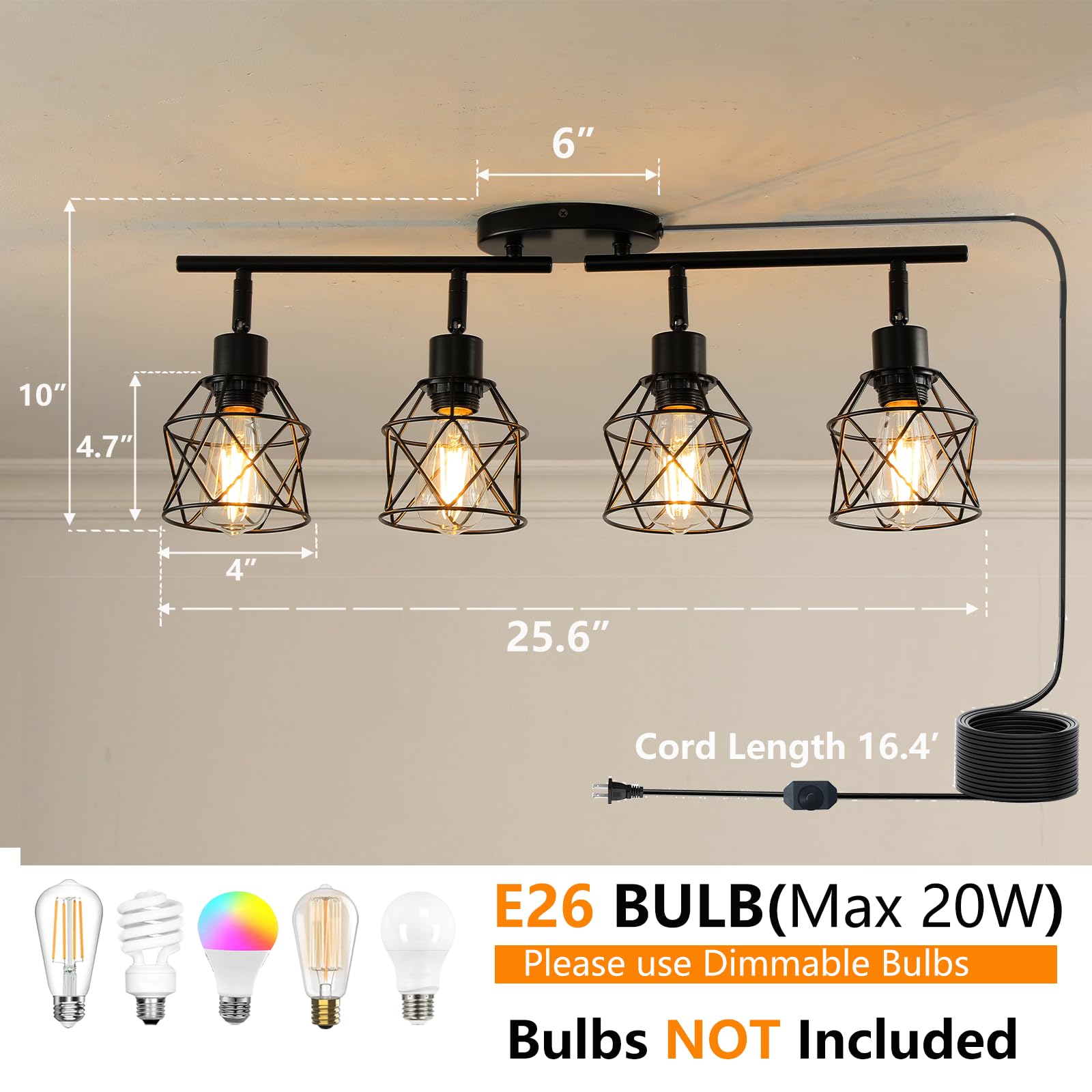 Vivihobb Dimmable 4 Light Plug In Ceiling Light Black Plug In Track Lighting Kit With 16.5 Cord Flexibly Rotatable Light Head Modern Industrial Farmhouse Style(Bulbs Not Included)
