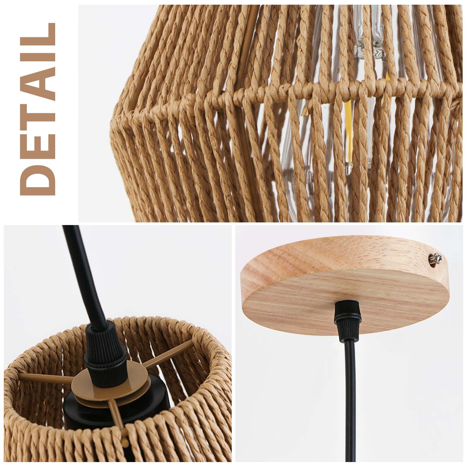 Wbindx Woven Rattan Pendant Light Fixture, 7'' Mini Boho Pendant Lights Kitchen Island 2 Pack Farmhouse Natural Hanging Pendant