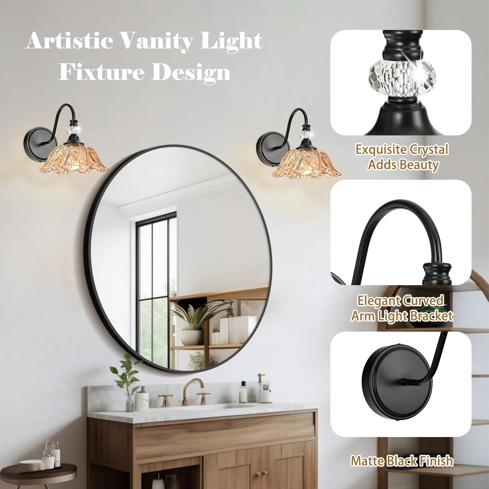 sunkryster Black Wall Sconce - Vintage Bathroom Lighting, 1-Light, Floral Amber Glass Shade, Metal, Model Sun-104AB-1-Black-Amber