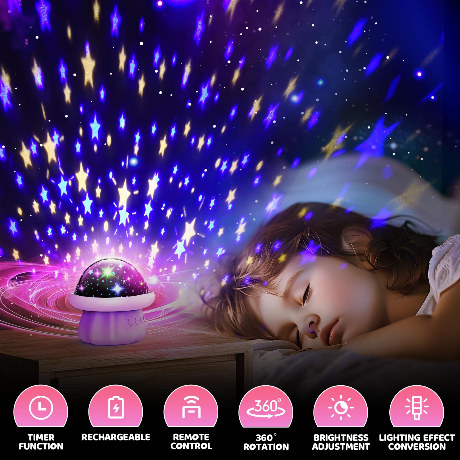 DEVRNEZ Night Light Projector for Kids, 4-in-1 Unicorn & Sea & Star, Pink, Model 005, Ideal for 3-12 Year Olds, Bedroom Night Lamp