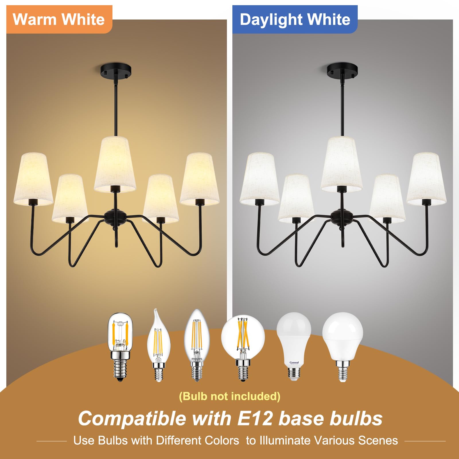 FIYUEOYI 5-Light Modern Chandelier - Adjustable Height, Linen Beige Shade, Metal, A-Black, Model YUX2 for Living Room, Dining Room, Bedroom