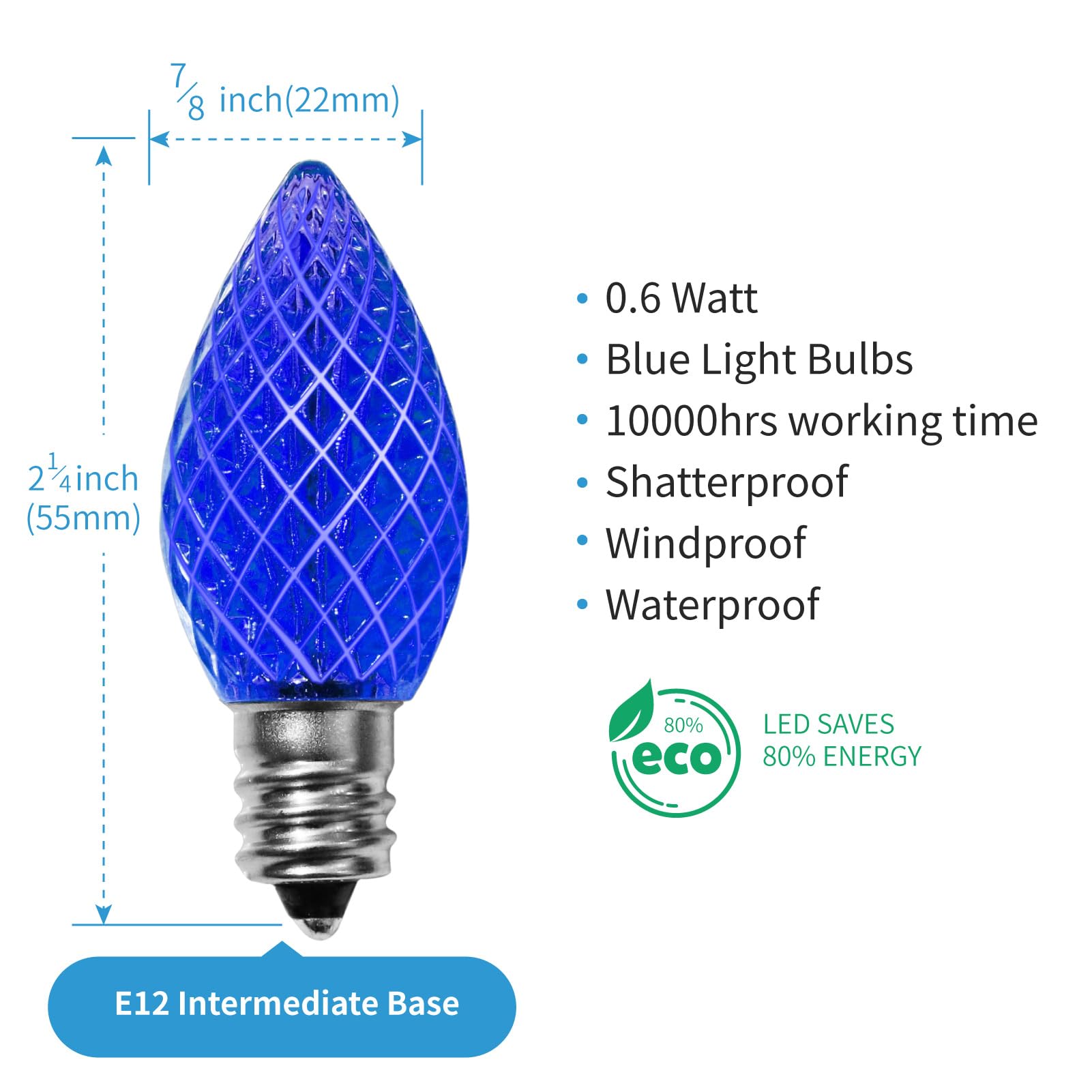 Meconard C7 LED Christmas Light Bulbs, Shatterproof, E12 Candelabra Base, Blue, 25 Count, Commercial Grade, Model MC706WBL25P