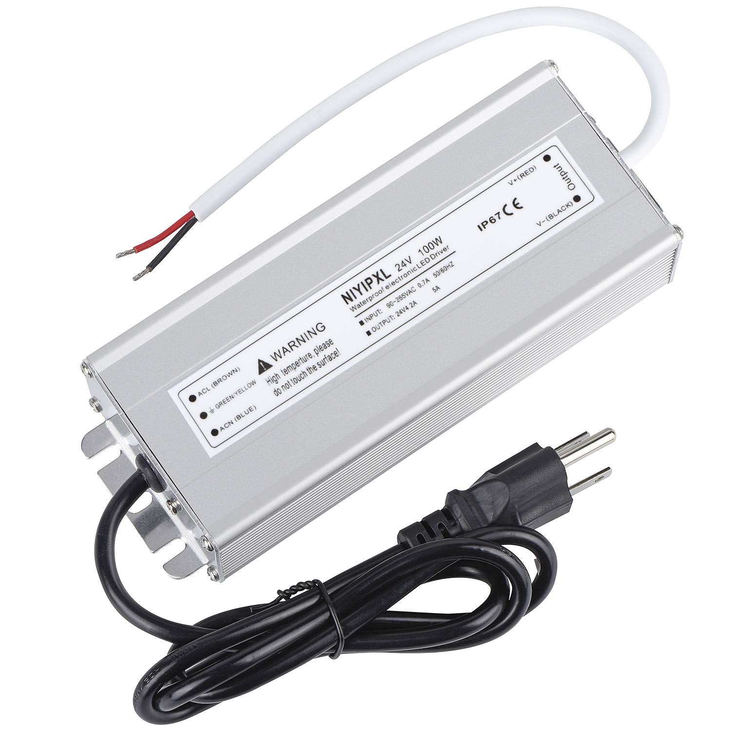 NIYIPXL LED Driver 100 Watts 24V DC Waterproof Power Supply, Silver, 3-Prong Plug, 3.3 Feet Cable, Model f275f988-672d-
