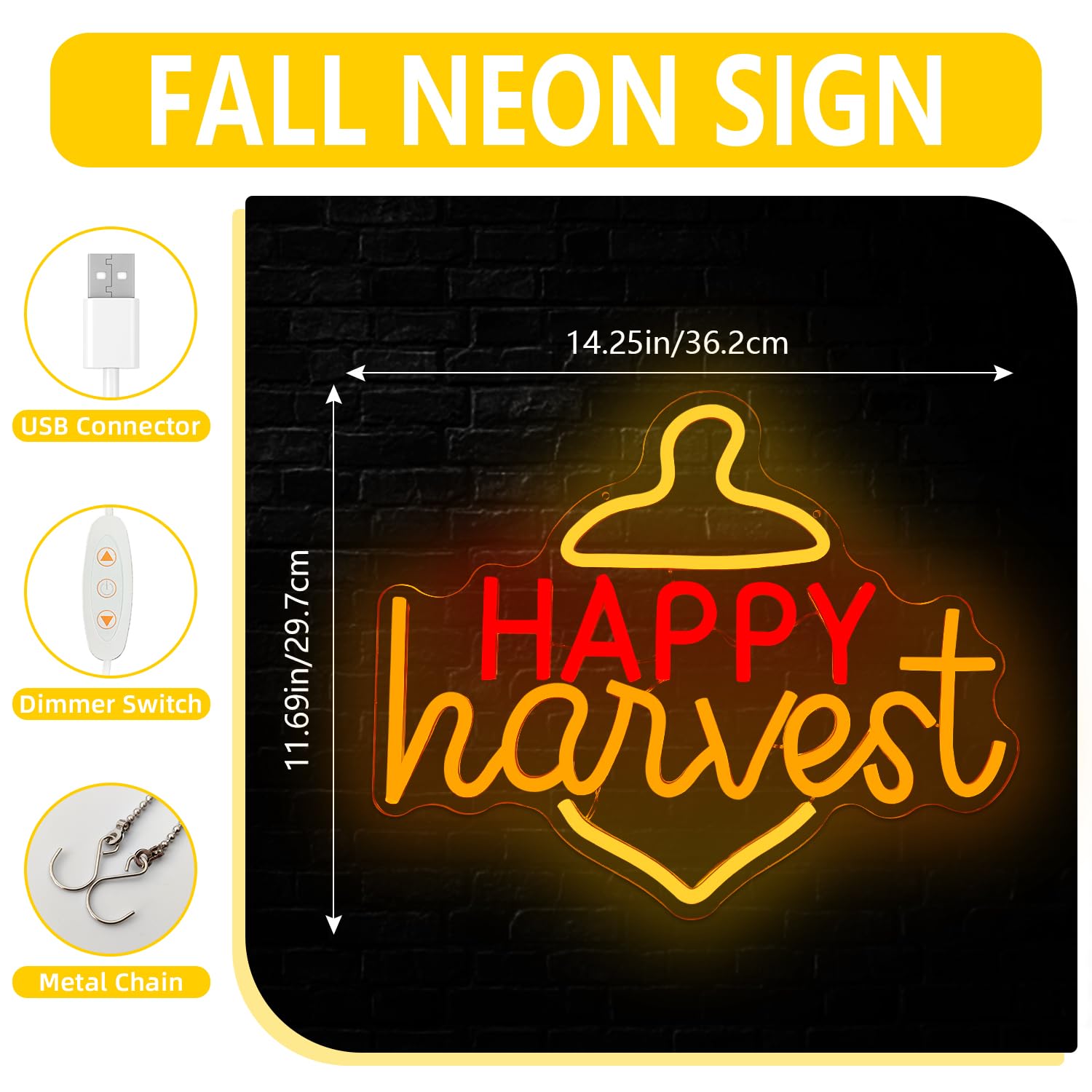 Jeanchrl Happy Harvest Neon Sign For Home Wall Dimmable Fall Light Sign For Home Decor Thanksgiving Decor Neon Wall Art For Bedroom Living Room Yellow Pinecone Led Sign For Party Gift
