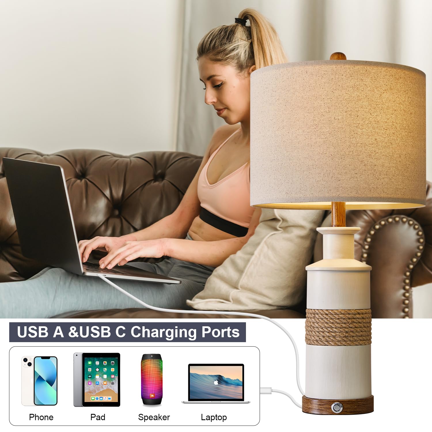 BOBOMOMO Boho Table Lamp Set of 2, 24.5" USB A+C Dimmable Touch Control, Includes Two Bulbs, 2 Pack Touch Switch