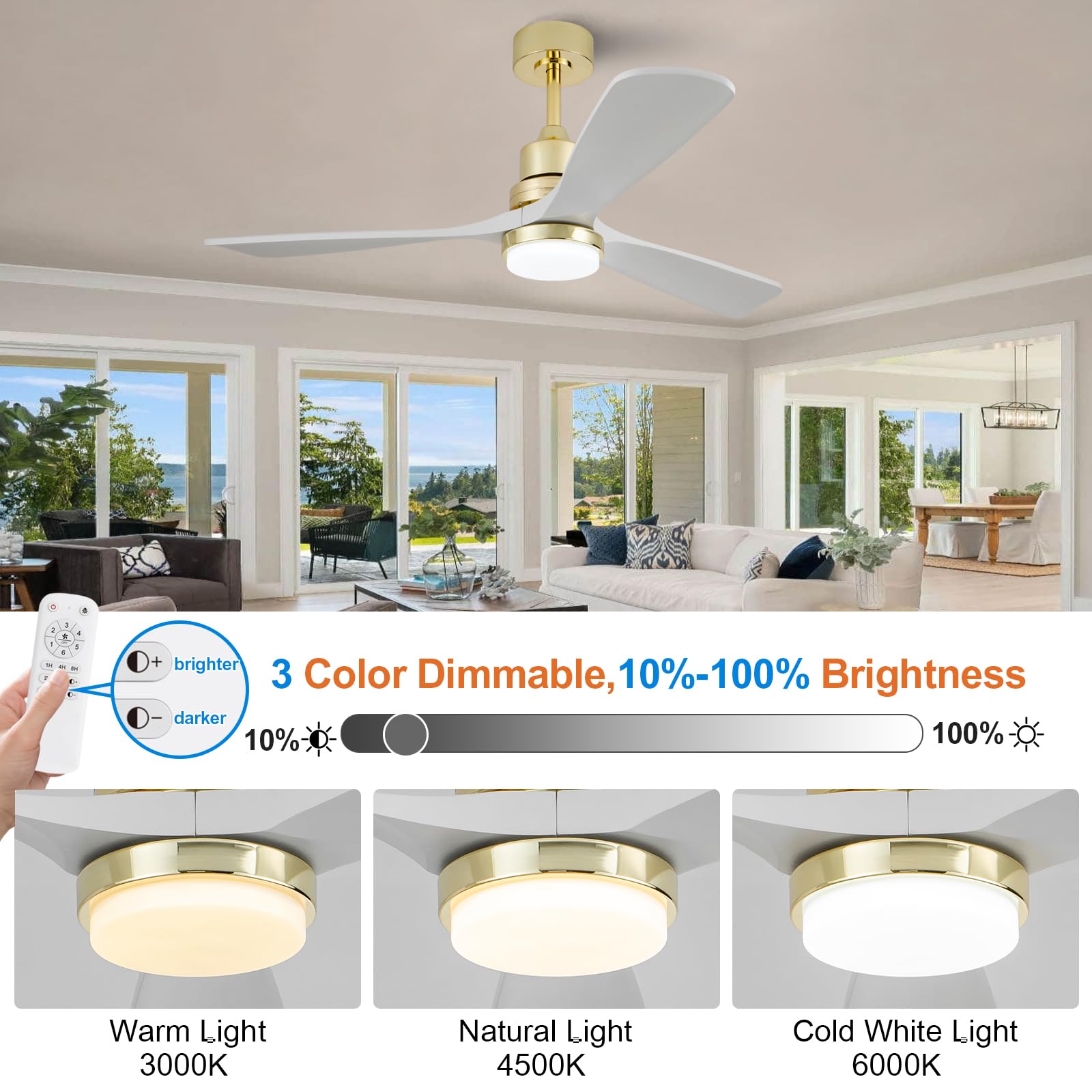 BOJUE 52" Gold Ceiling Fan with Lights, White Solid Wood Blades, Remote Control, Modern Design for Indoor/Outdoor Use