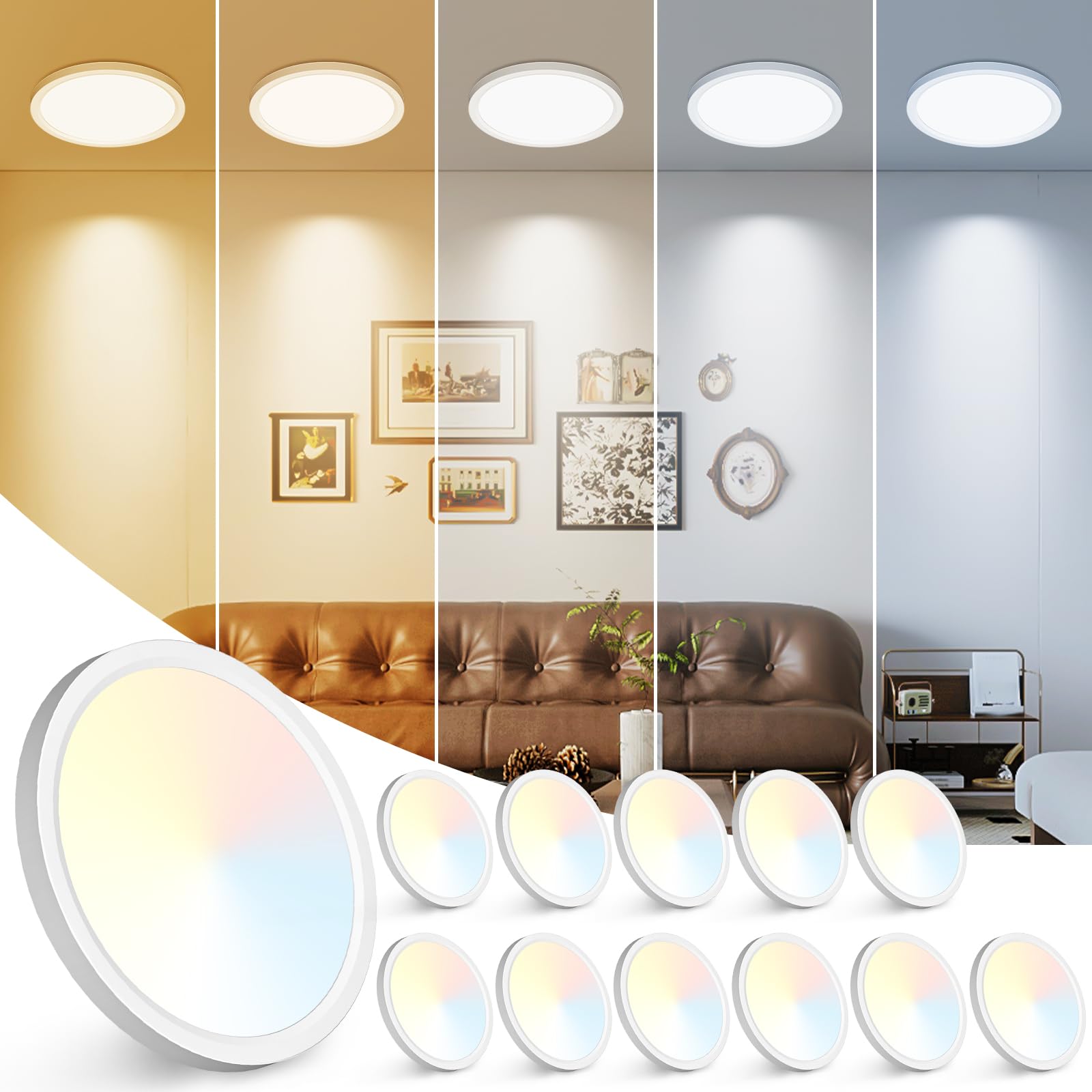 Peasur 7 Inch LED Ceiling Light Fixture, 15W 1500LM Adjustable 3000K-6500K, White, Model CL61A-12, 12 Pack