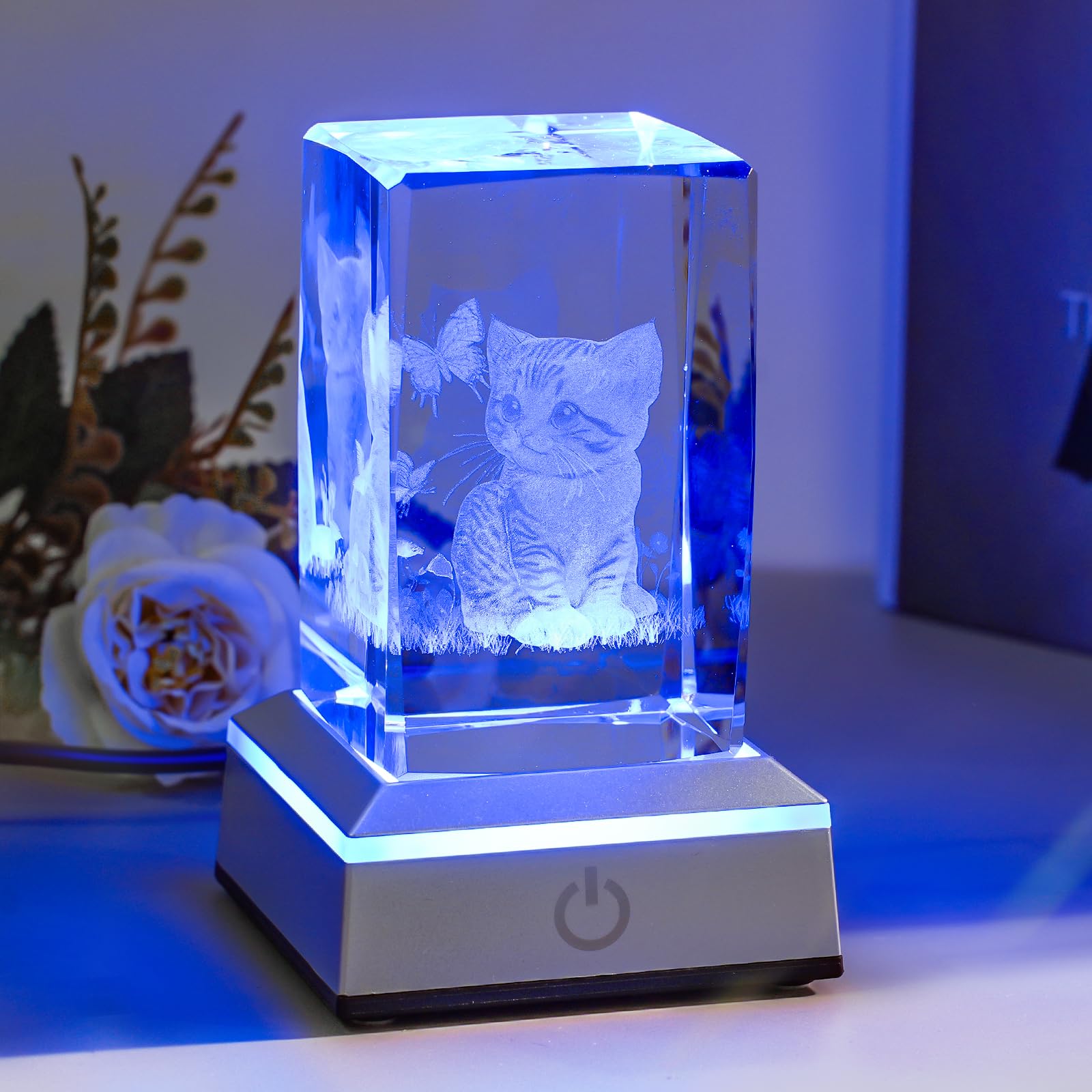 Eicxjui 3D Crystal Night Light With Multicolor Led Base Glass Laser Engraved Cat Figurine Gift For Women Cat Lovers Birthday Chr