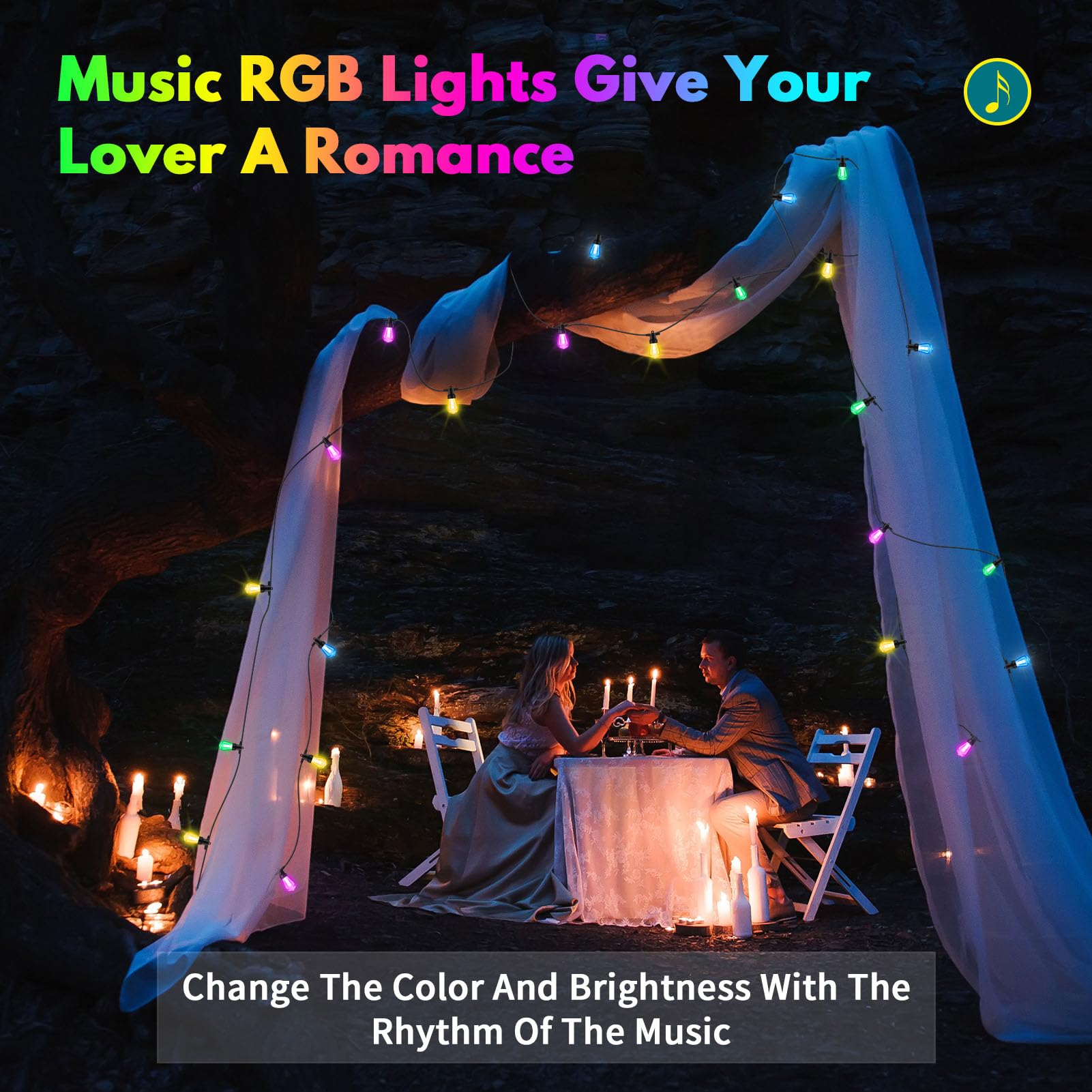 YAIYAN Outdoor String Lights - 50ft Color Changing, Waterproof, 20 Dimmable RGBW Bulbs, Remote & App Control, Shatterproof, Multicolor