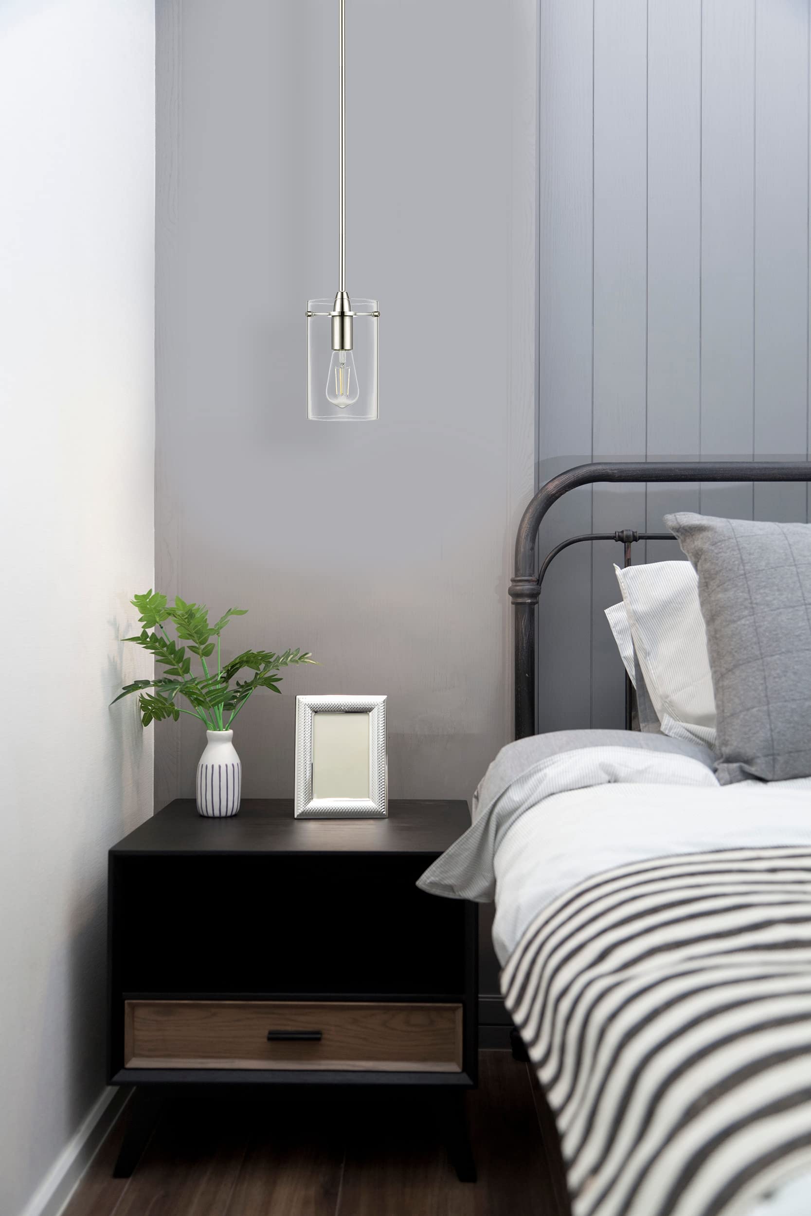 Linea di Liara Effimero Pendant Light Fixtures, Medium, Brushed Nickel, Metal, Model LL-P313-BN, Clear Glass Shade