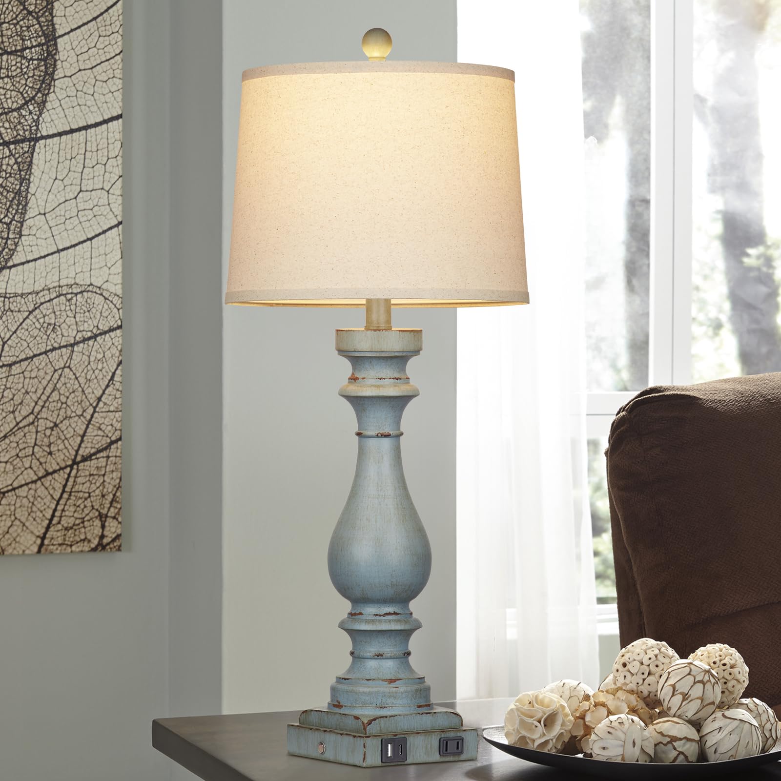 Cinkeda 29" Tall Table Lamp Set of 2, Retro Blue, 3-Way Dimmable Touch, USB C+A Ports, AC Outlet, Model TD-CK-240