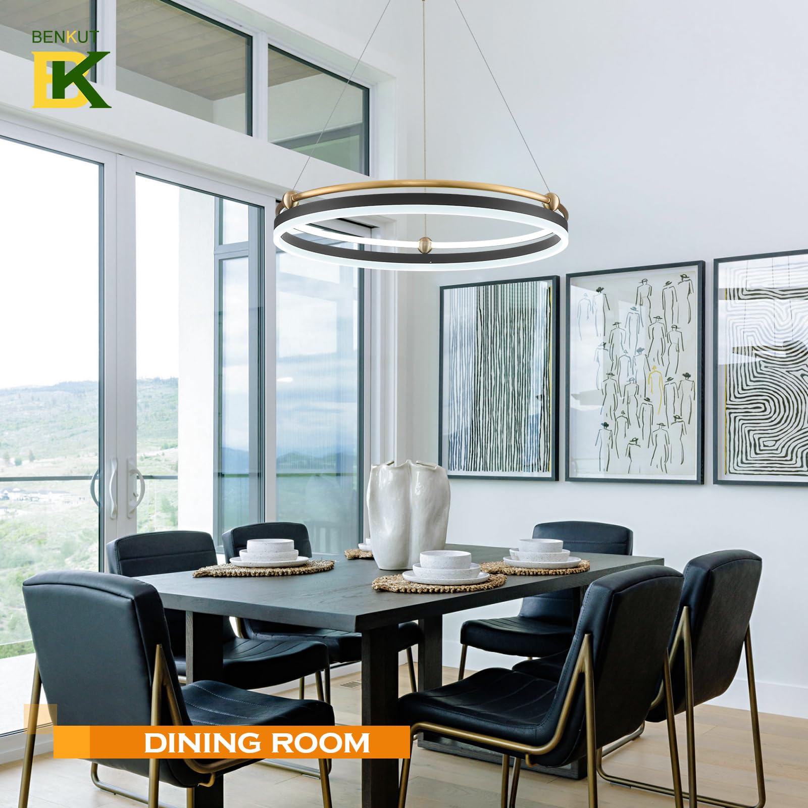 Benkut Modern Led Pendant Light 23.6" Black Gold Dimmable Circular Led Chandelier 1 Ring With Remote, Round Hanging Light For Kitchen Island Dining Room Living Room Foyer Entryway, 2-Ring Lighting