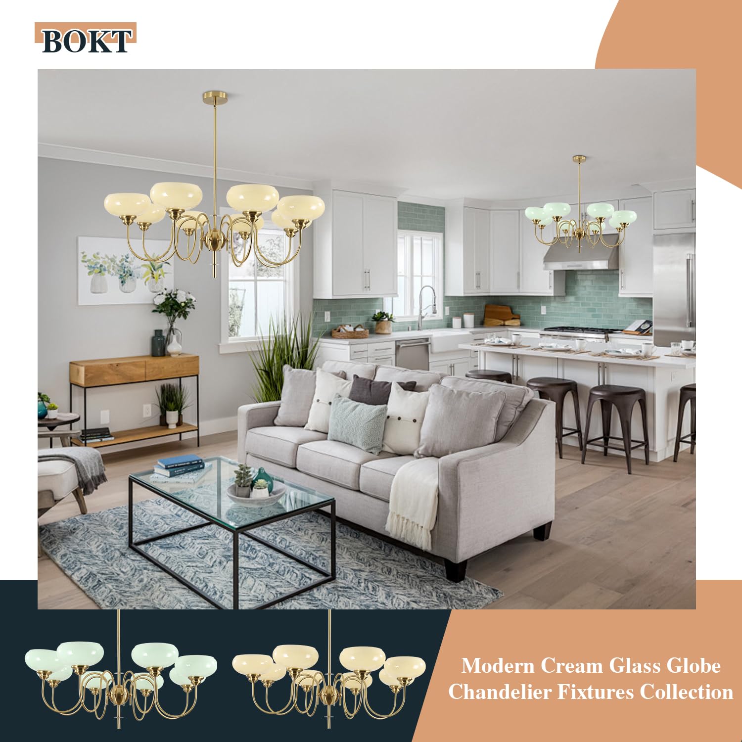 Bokt Large 8-Light Chandelier Modern Sputnik Chandeliers Flush Mount Ceiling Lights Cream Adjustable Height Pendant Lighting Vin