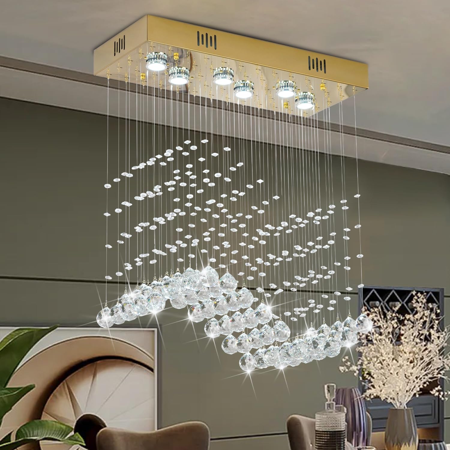 CRYSTOP Modern Gold Wave Rectangular Chandelier for Dining Room Over Table, 6-Lights Raindrop Elegant Ceiling Light Fixture for 