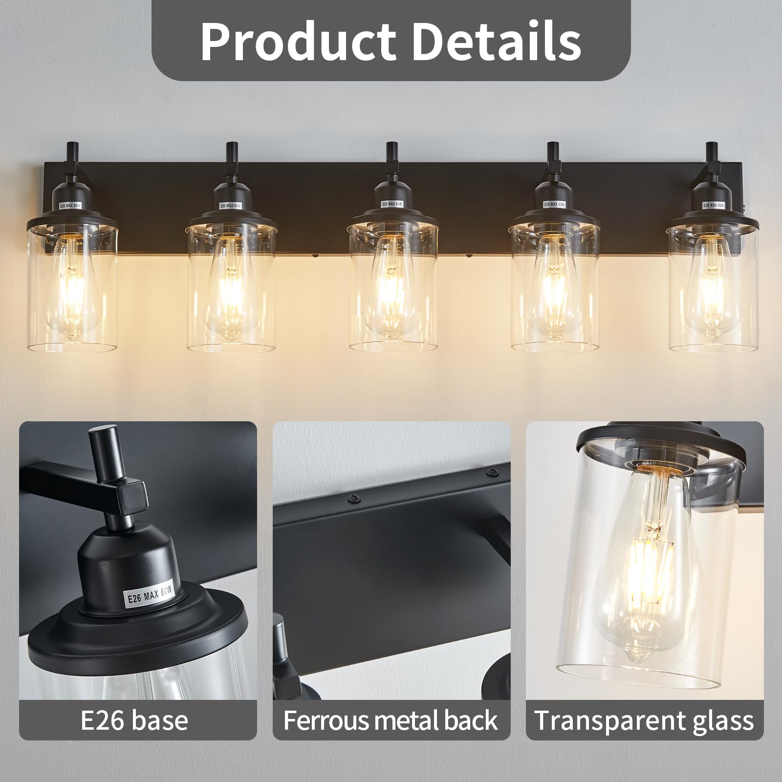 Lanhall 5-Light Black Bathroom Light Fixture Over Mirror Modern Farmhouse Bathroom Vanity Light Vintage Wall Lighting With Clear