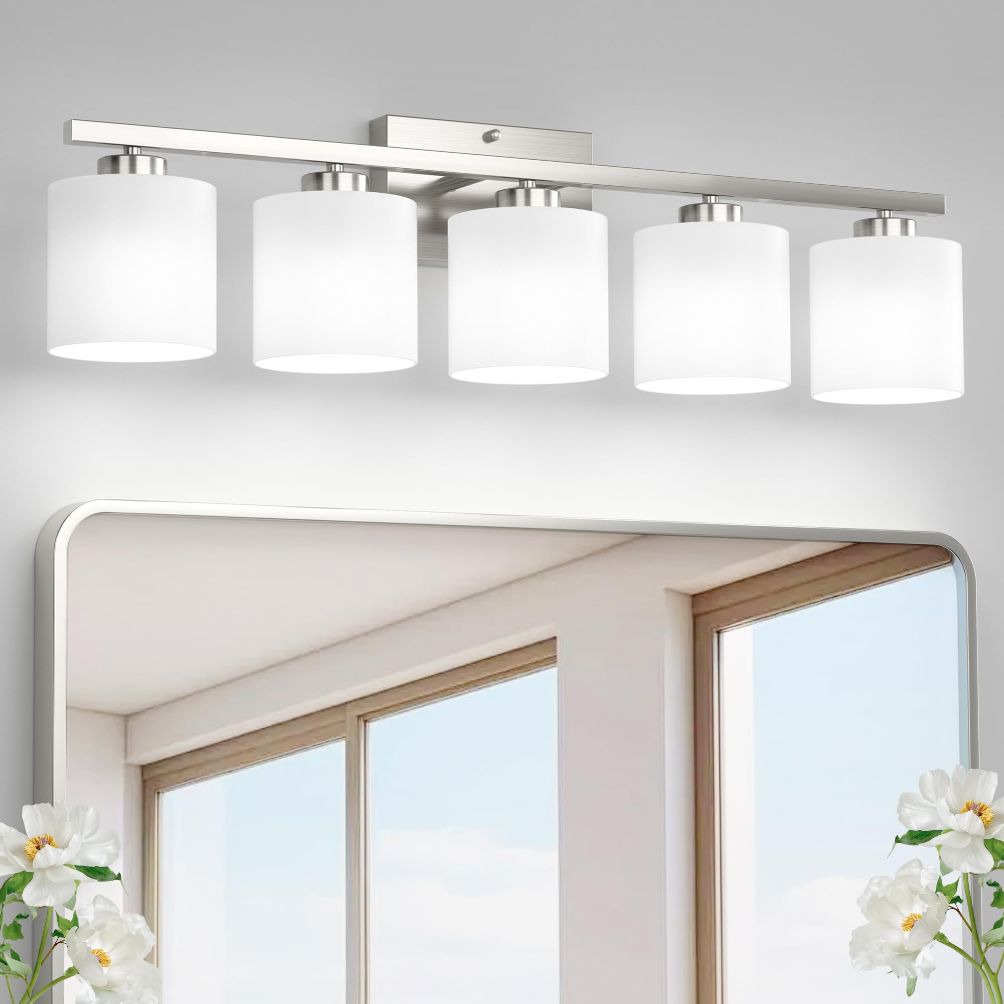 Honesorn 5-Light Bathroom Vanity Light Fixtures, Brushed Nickel, Modern Design with Frosted Shade, E26 Base