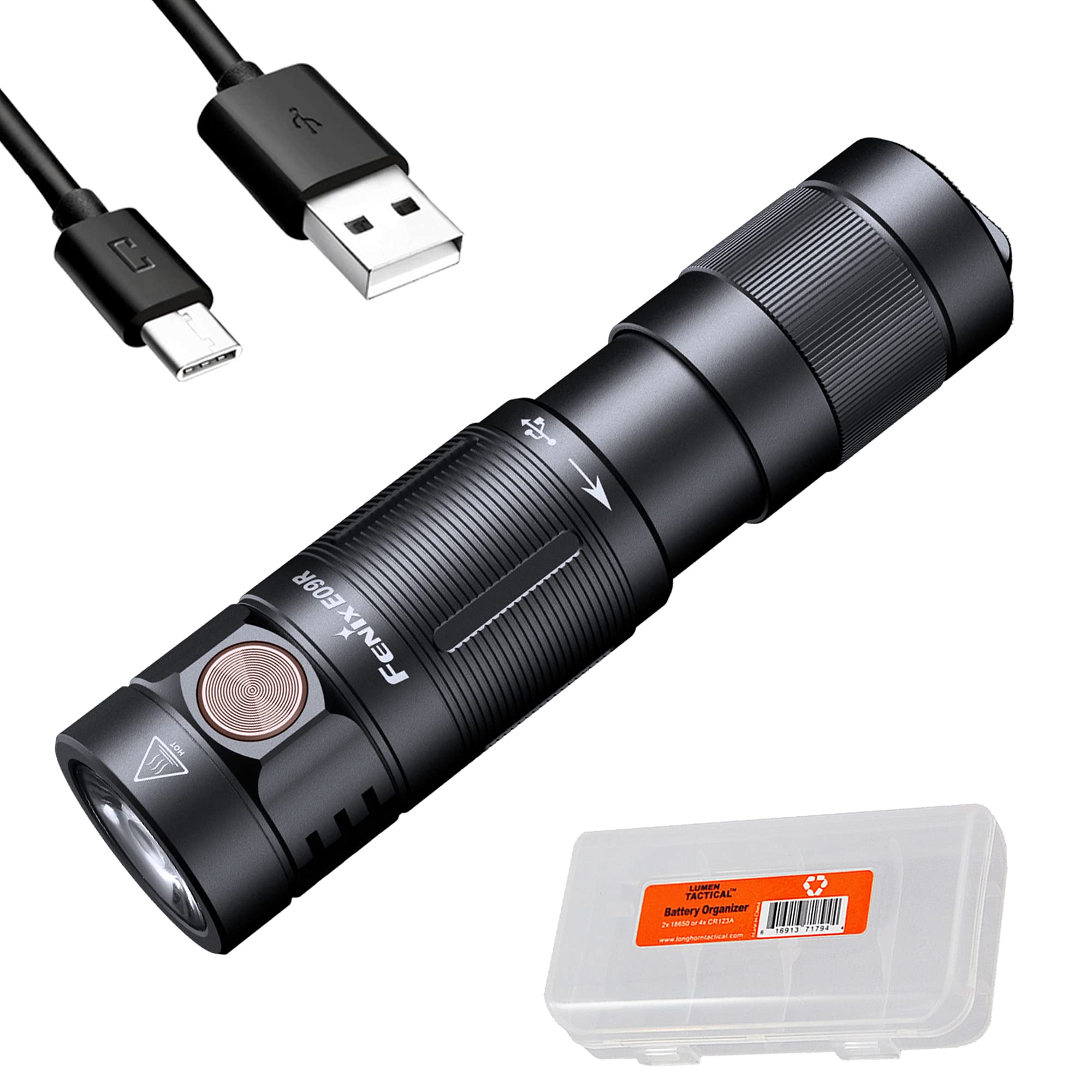 Fenix E09R EDC Flashlight, 600 Lumen, USB-C Rechargeable, Aluminum, Black