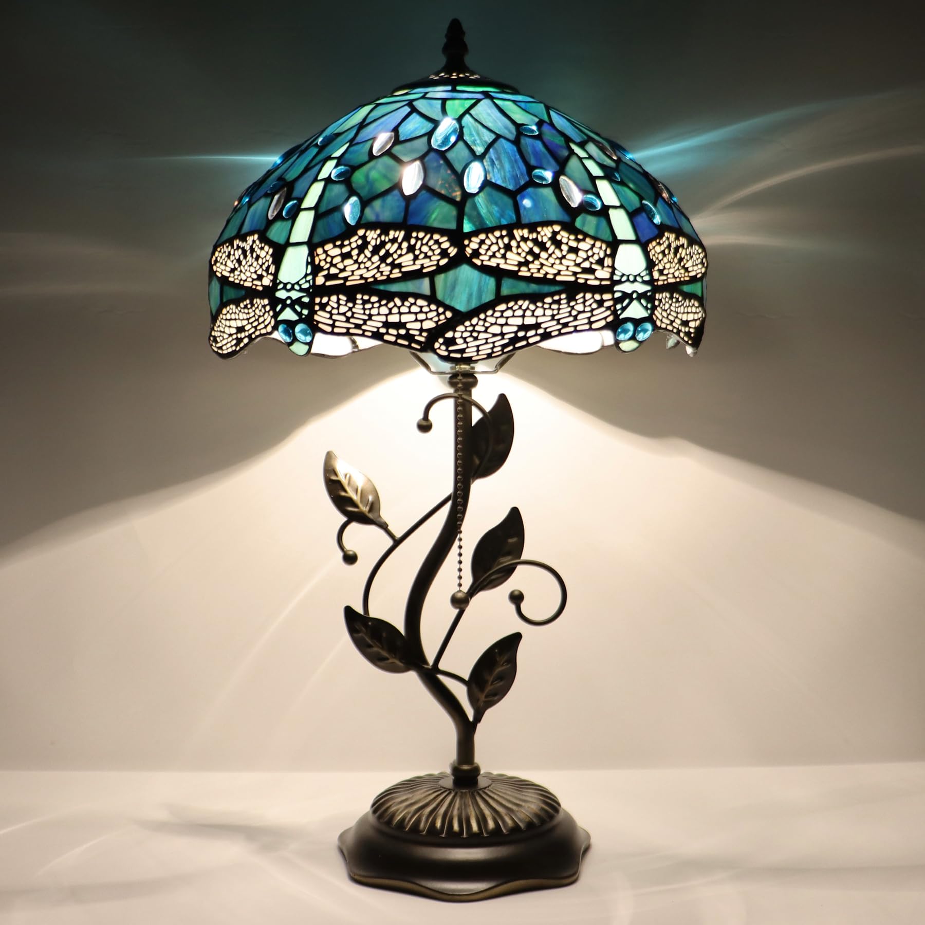 Lxhcyou Tiffany Table Lamp, Stained Glass Desk Light, W12H19 Inch, Metal Leaf Base (Dragonfly Style)