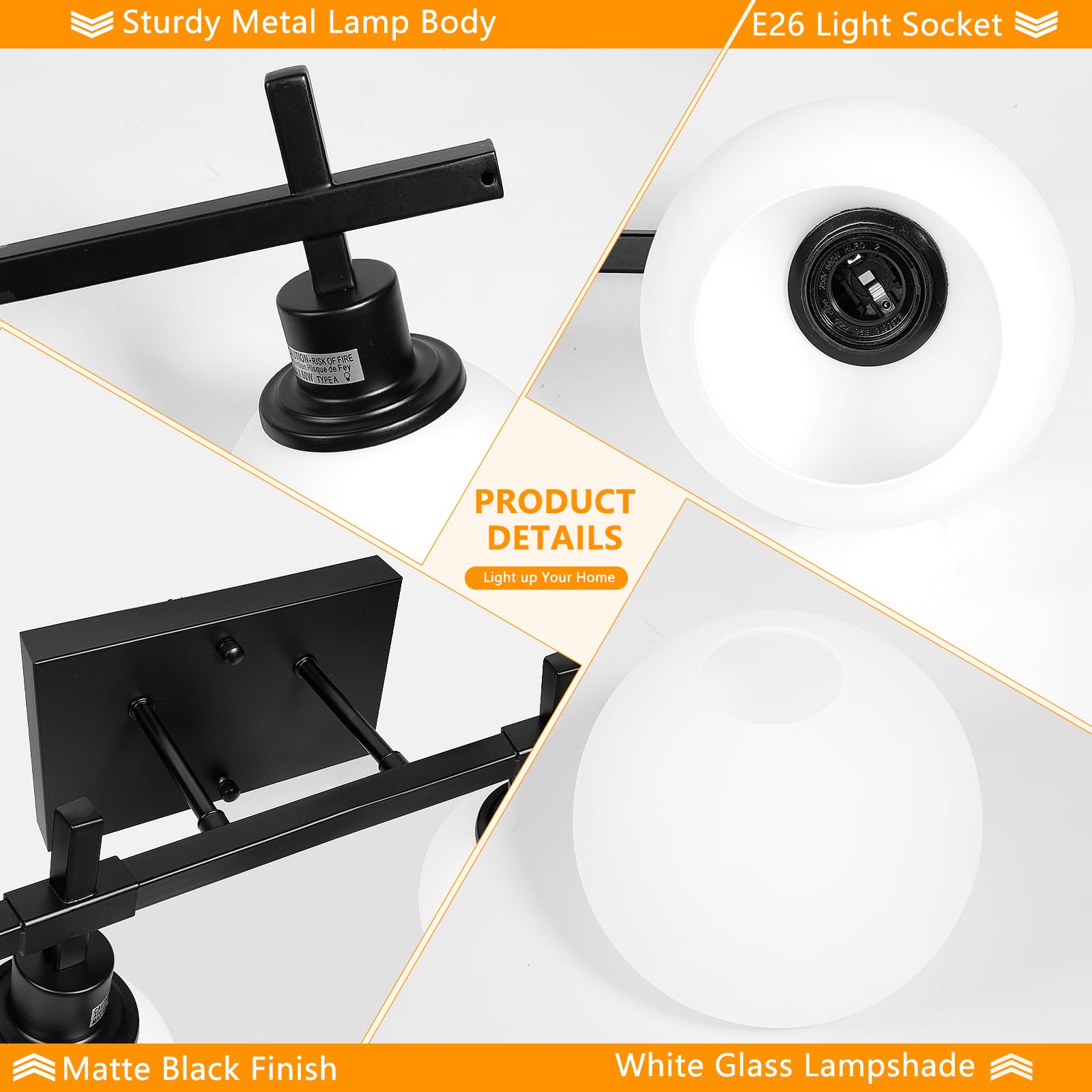 Dpyrrhic 2-Light Black Bathroom Lighting Fixture, Metal Vanity Light with Milky White Glass, Model JD-15
