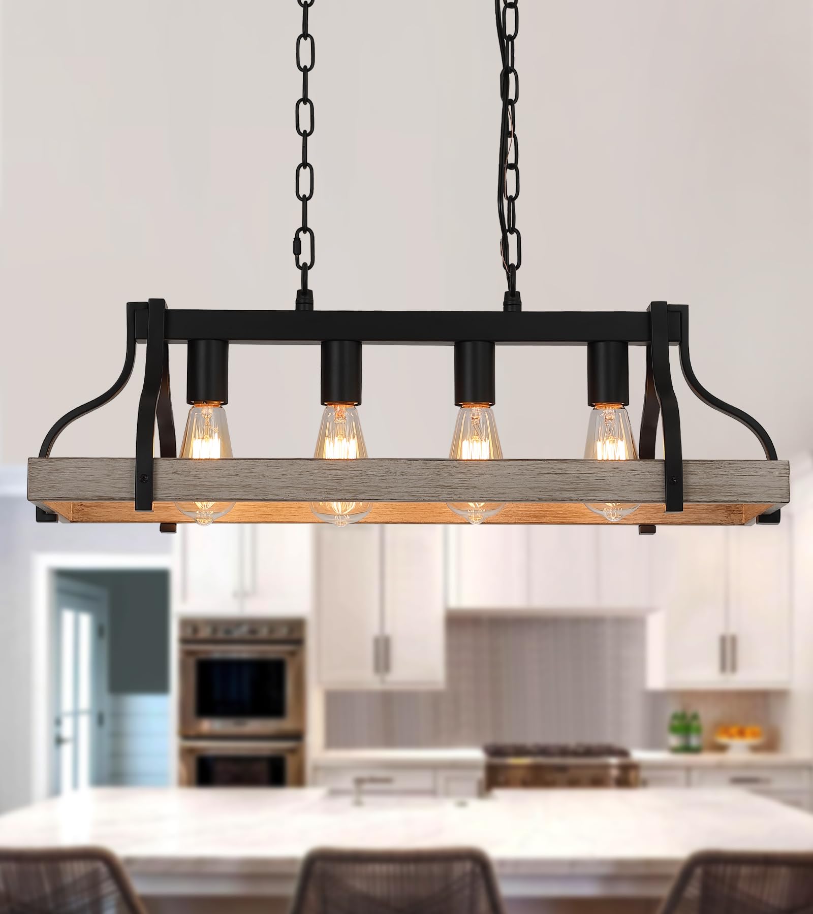 Meixisue Dining Room Light Fixture Rectangle Farmhouse Chandeliers Industrial 4-Lights White Birch And Black Metal Finish Light Fixture For Kitchen Island Living Room Ul Listed